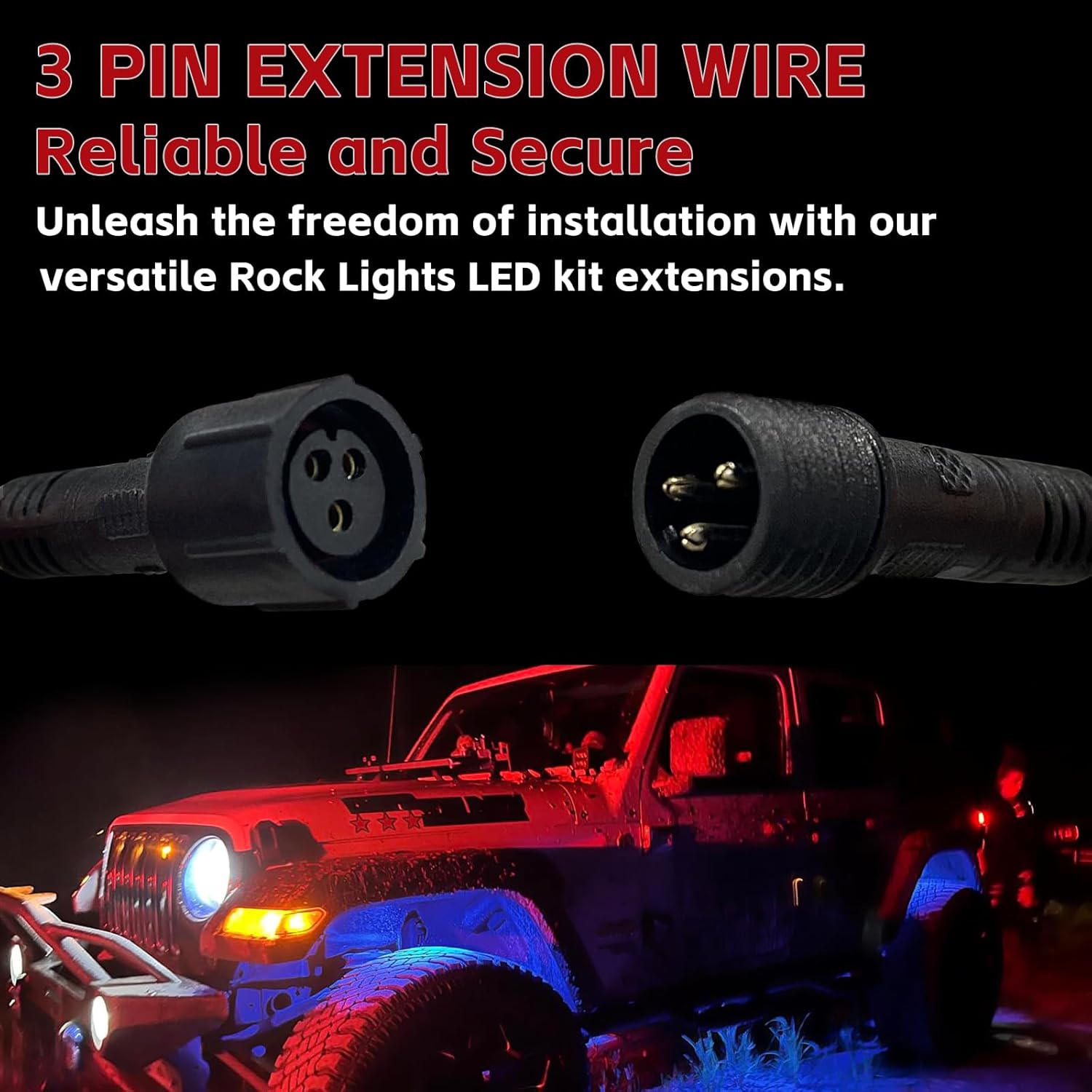 4 PCS 4FT 3 Pin RGB Rock Light Extension Wire, Design for Our Brand's Rock Lights, Other Brands Must Meet The Conditions of which Length of The Male Plug is 0.24 Inches and The Female is 0.39 Inches - Image 4