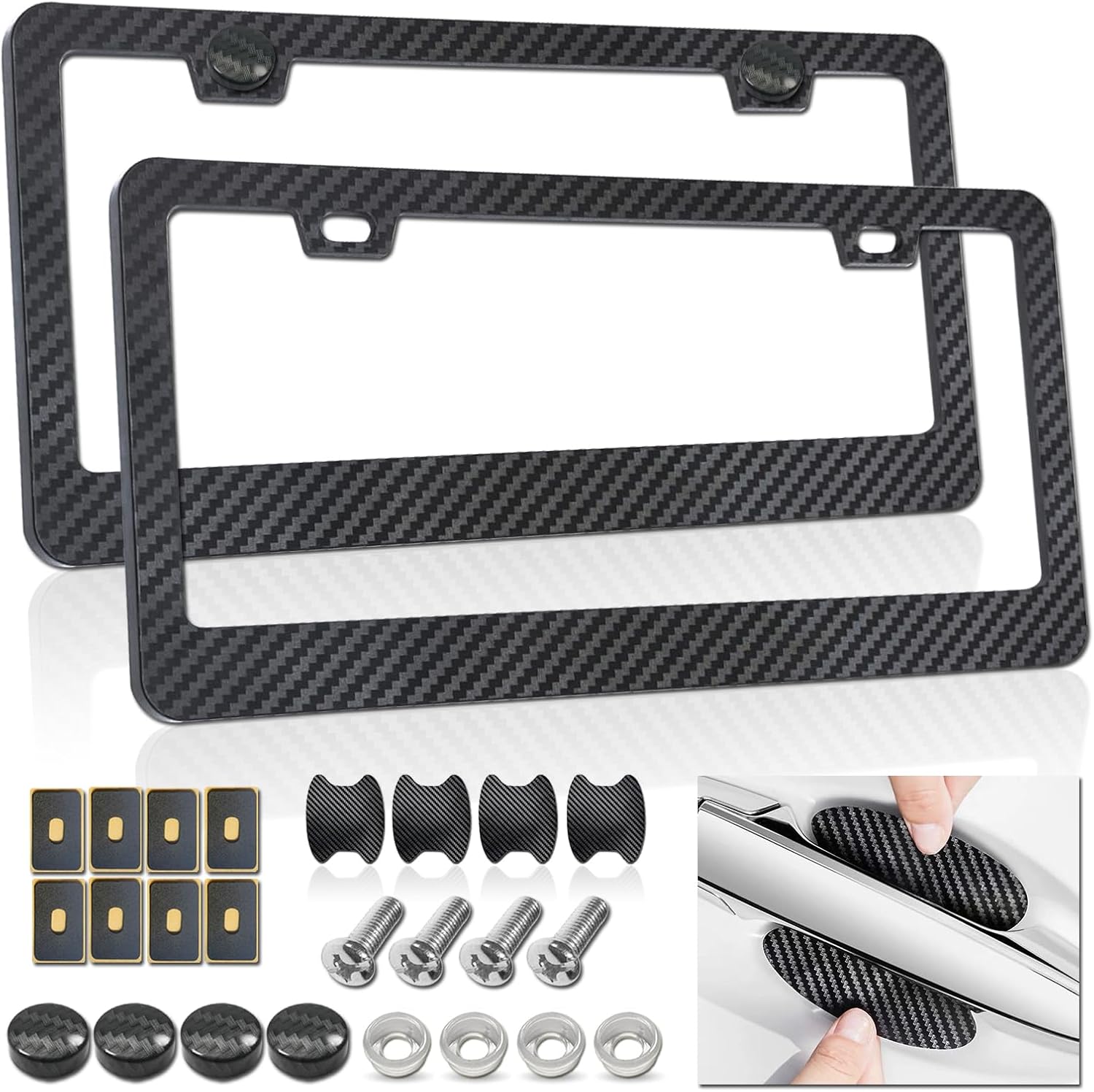 Carbon Fiber License Plate Frames- Black Plastic Car Tag Holder, 2 Pack 2 Hole Front Rear Bracket with Screw Caps and Car Door Handle Stickers