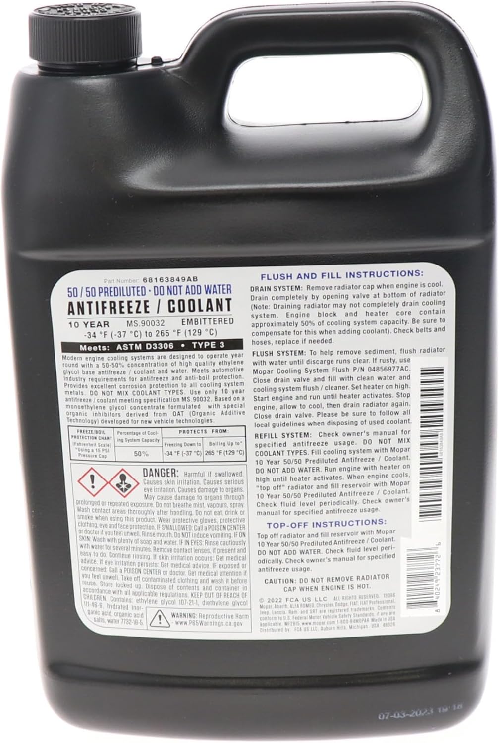 Mopar 68163849AB 10 Year/150,000 Mile Coolant 50/50 Premixed - Embittered, 1 Gallon - Image 2