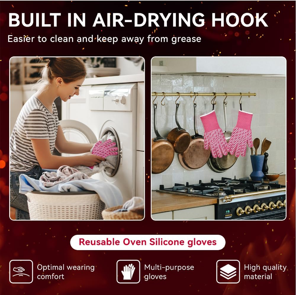HandLove Aramid Heat Resistant BBQ Gloves – Grilling & Oven Gloves with Fingers, Silicone Grip & Long Cuffs for Cooking, Baking, and Outdoor Barbecue – Pink, Small - Image 5