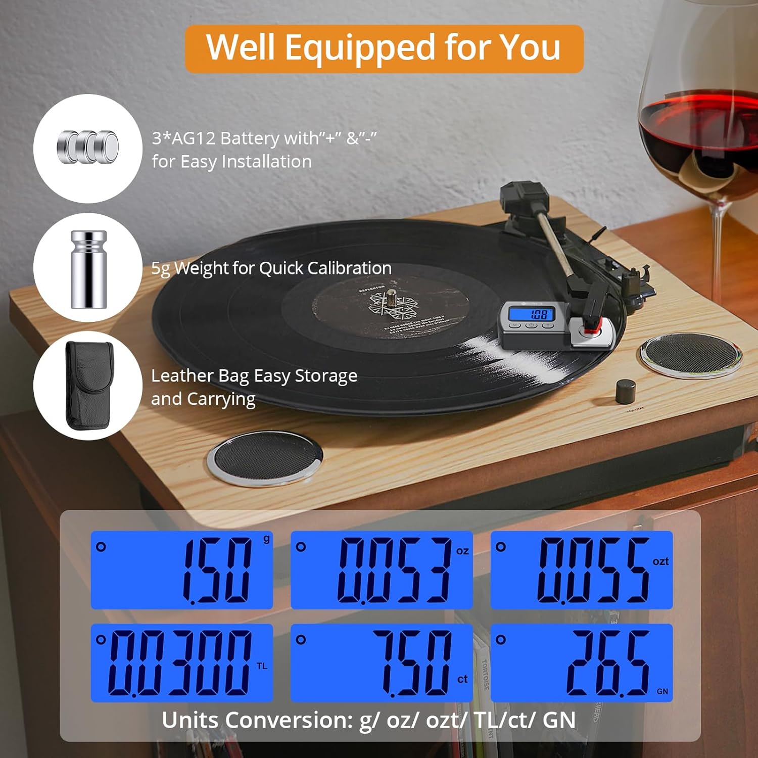 Neoteck Digital Turntable Stylus Force Gauge 0.01g/5.00g with Blue LCD Backlight Turntable Stylus Pressure Gauge with 5g Weight & Leather Case Accurate Tracking for Tonearm Phono Cartridge-Grey - Image 4