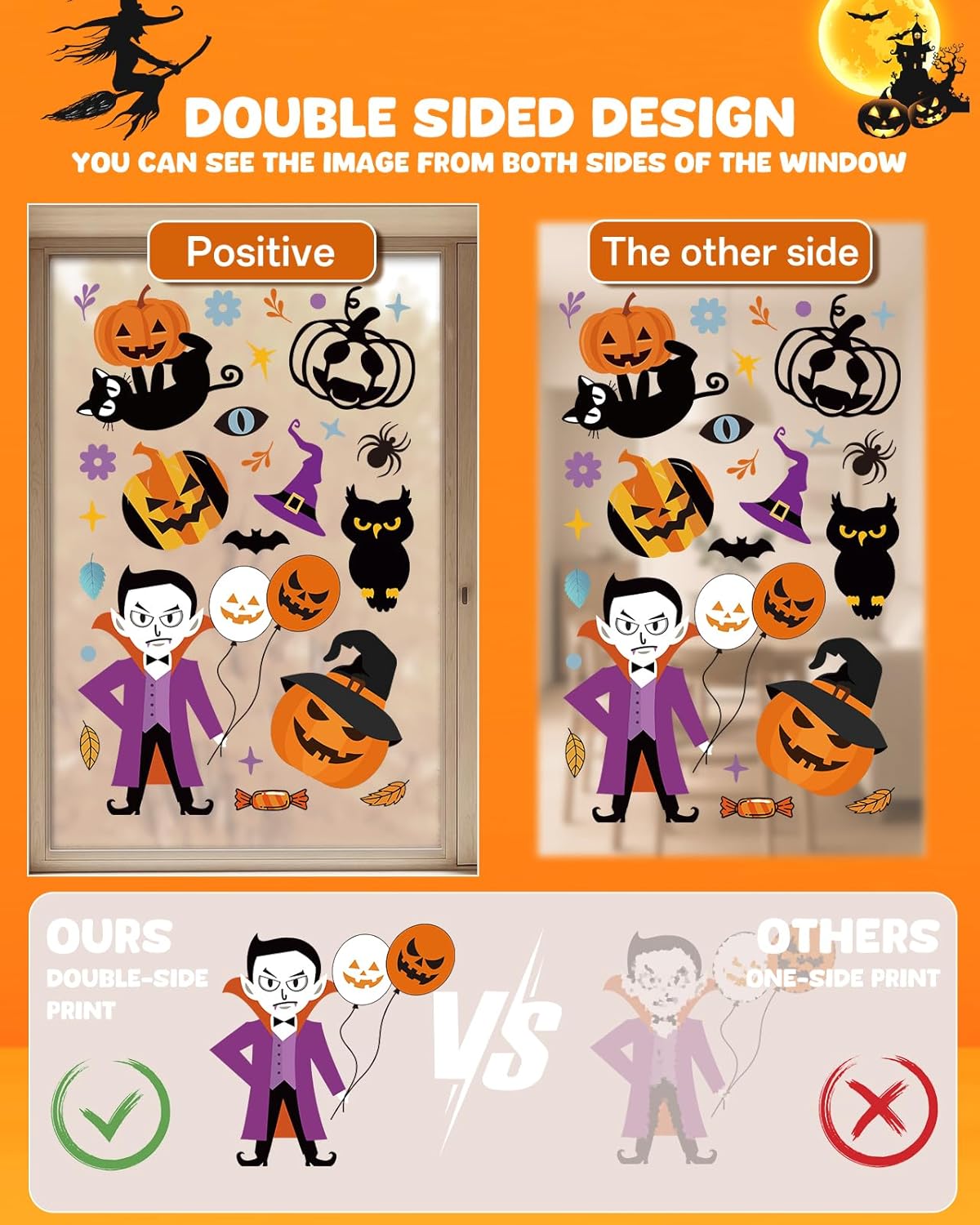 Halloween Window Clings - 9 Sheets 213 Pcs Happy Halloween Window Decorations Indoor for Home Party Eyes Pumpkin Ghost Bats Witch Stickers for Glass Double-Sided Removable Static Glass Decals - Image 3