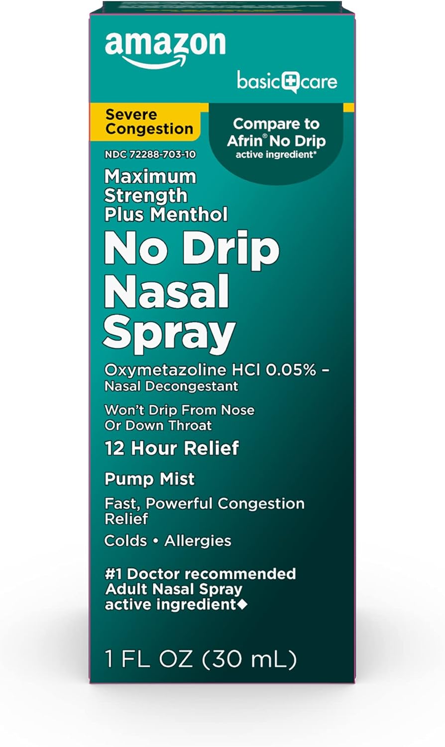 Amazon Basic Care No Drip Severe 12 Hour Nasal Decongestant Pump Mist, Maximum Strength Plus Menthol, Allergy Relief, 1 fl oz (Pack of 1)