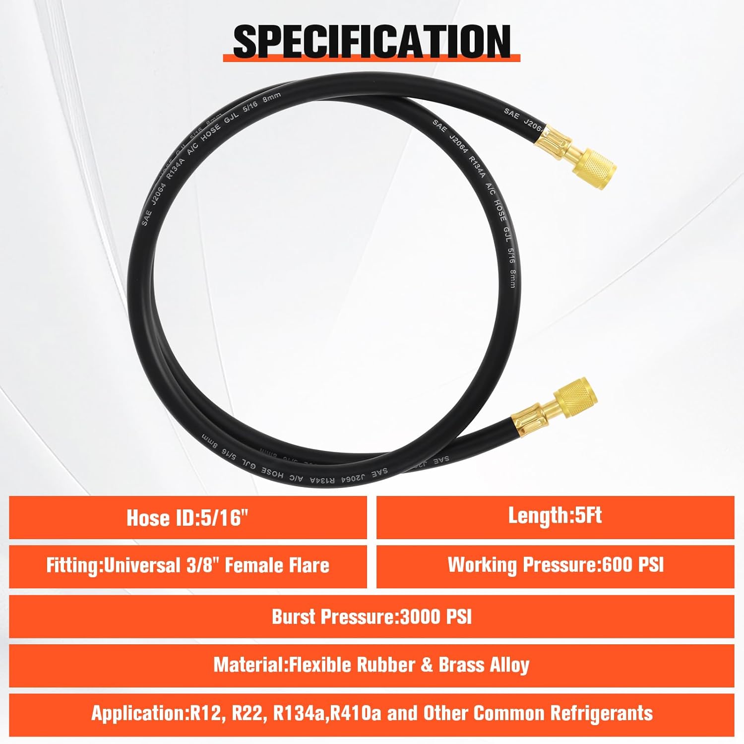 3/8" HVAC Vacuum Pump Hose 5FT, 3/8" x 3/8" SAE Fittings, 600 PSI Working Pressure 3000 PSI Burst, 15660 Flexible Rubber AC Charging Hose for R134A R410A R22 Refrigerant Systems - Image 3