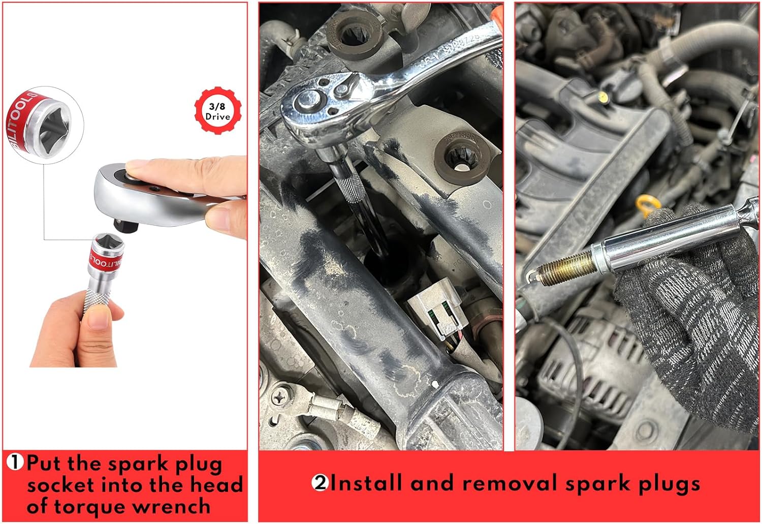 BILITOOLS 7 Piece Magnetic Swivel Spark Plug Socket Set with Gap Tool, 3/8-Inch Drive, 9/16'', 5/8'', 14mm, 16mm, 6 & 12 Point, CR-V - Image 9