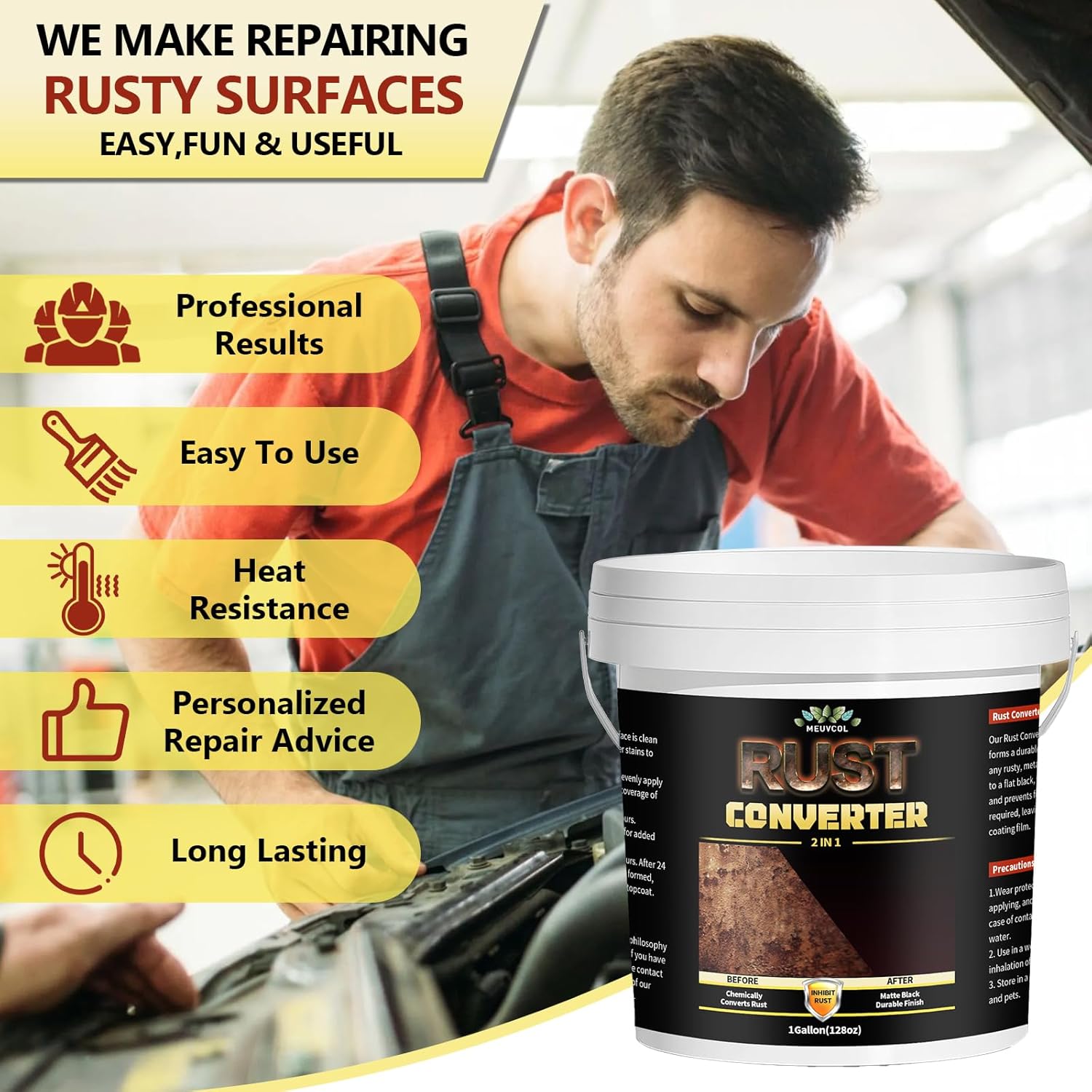 2-in-1 Rust Converter & Metal Primer - 1 Gallon Black Rust Paint Inhibitor for Metal, Ultra Car Rust Reformer & Encapsulator, Long-Lasting Anti Rust Conversion Coating, Heat Resistance - Image 4