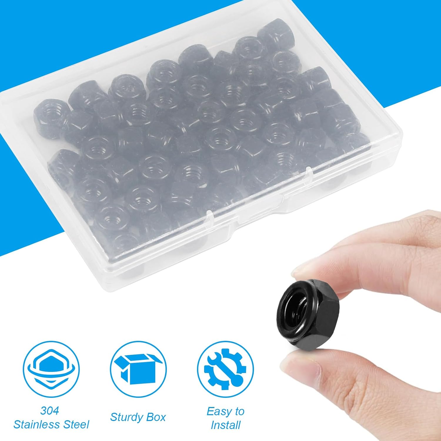 50Pcs 1/4"-20 Nylon Insert Hex Lock Nuts 304 Stainless Steel Locknuts Self-Locking Nut, Standard Inch Threaded Nylock Nuts, Hex Drive, Zinc Plated Black - Image 5