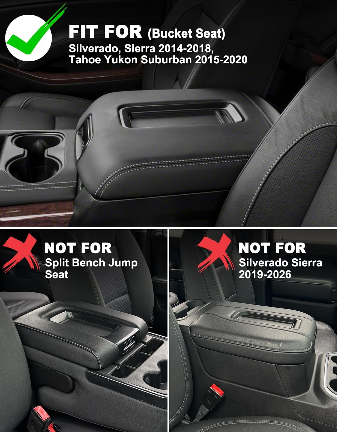 Center Console Armrest Cover for GMC Sierra & Chevrolet Silverado 2014-2018, Tahoe & Yukon & Suburban 2015-2020, Bucket Seat, Car Armrest Protector, Scratchproof, Black - Image 2
