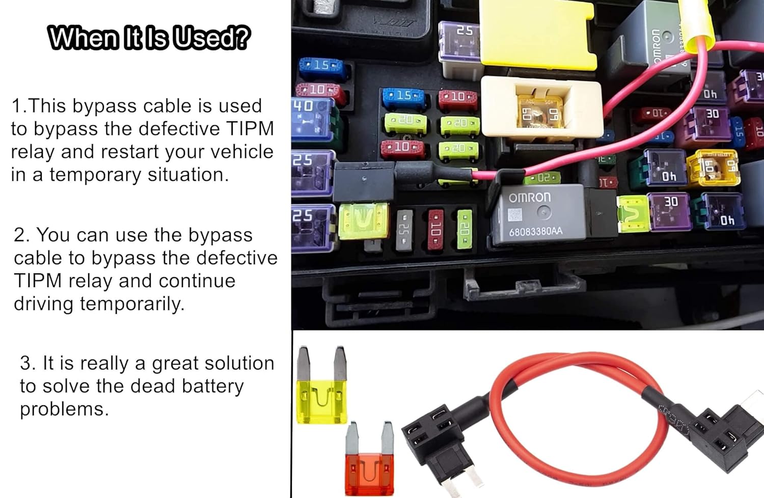 TIPM Bypass Cable, Fuse Holder Fuse Adapter,Repair Fuel Pump Relay Bypass Cable Compatible with Dodge Ram 1500 2500 3500 Jeep Chrysler VW 2007-2016, 14AWG Wire/20AMPs Replace CBWPR091AA - Image 3