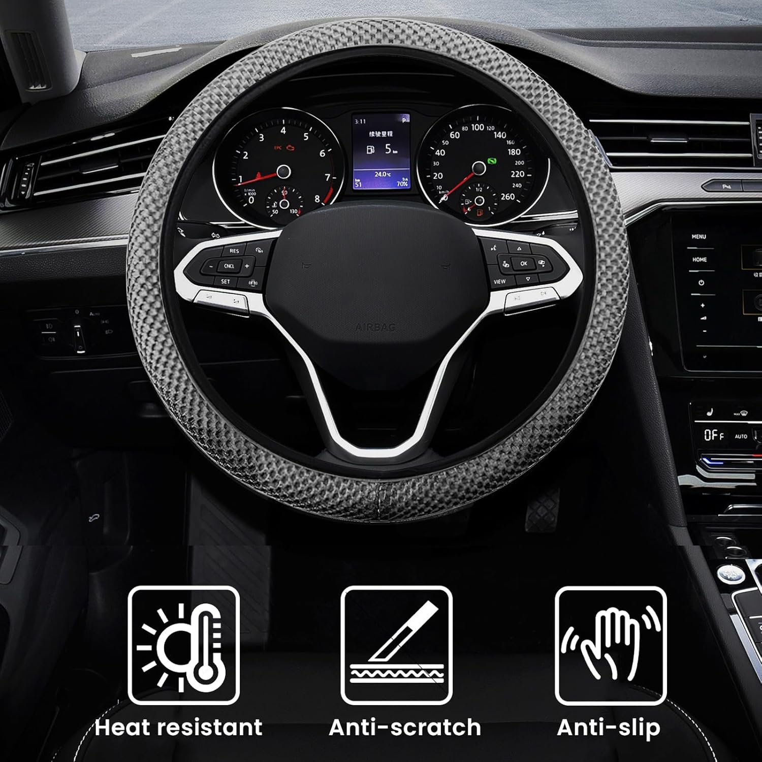 Elastic Stretch Car Steering Wheel Cover, Comfortable Steering Wheel Cover Universal for 14.5-15 Inch, Warm in Winter & Cool in Summer, Anti-Slip Breathable Ice Silk (Gray) - Image 6