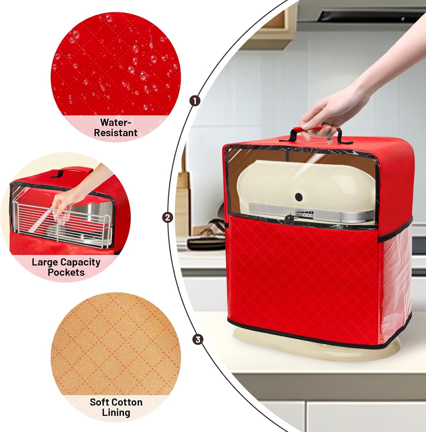 Stand Mixer Cover Compatible with Kitchenaid Mixer, Mixer Dust Cover Multi Pockets for Various Kitchen Appliance Accessories with Silicone Spatula (Red, Fit for 6-8 Quart) - Image 3