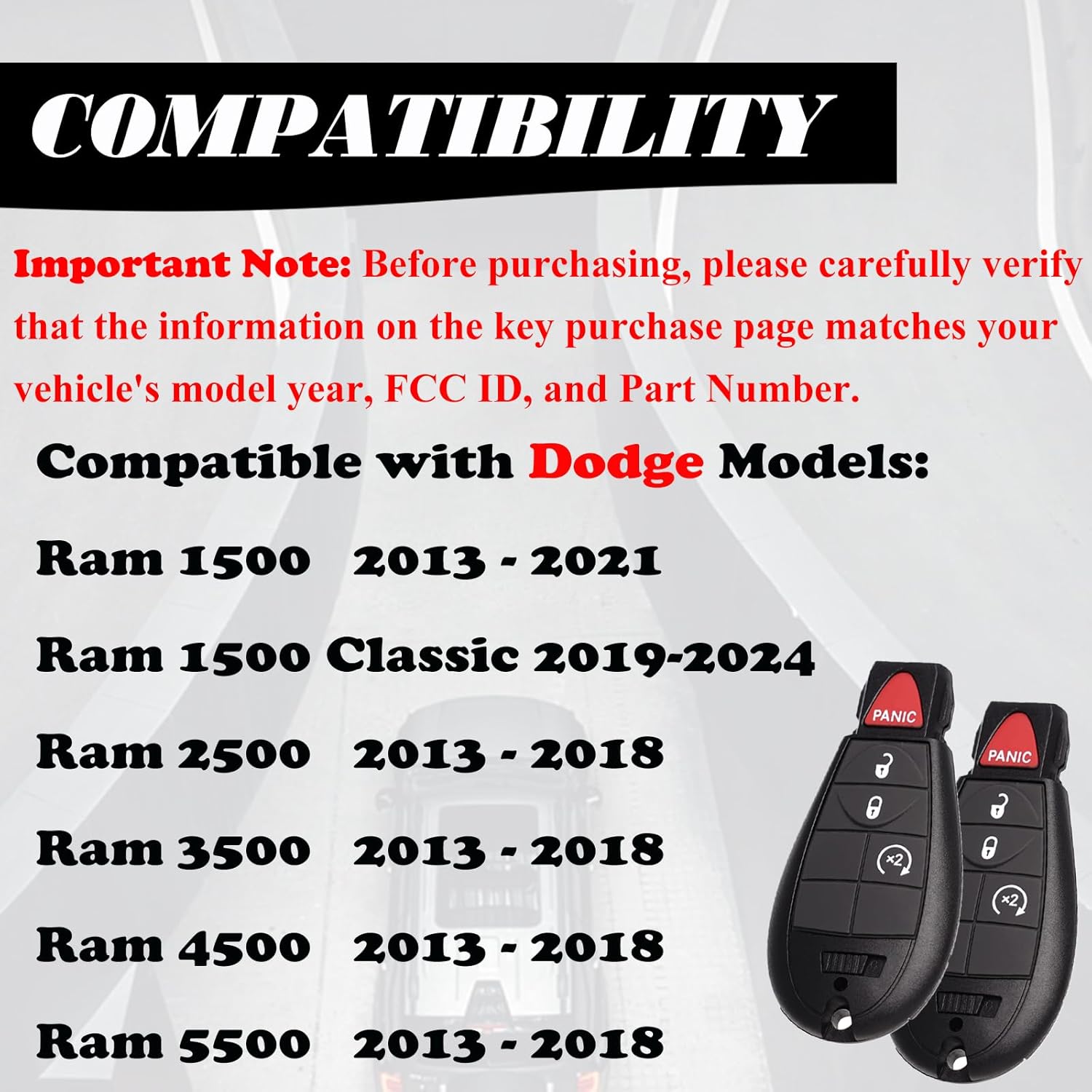 MechanMagic Key Fob Fobik Replacement Fits for Dodge Ram 1500 2013-2021 2500 3500 4500 5500 2013-2018 Pickup Truck Keyless Entry Remote Start Control GQ4-53T 4B Set of 2 - Image 3
