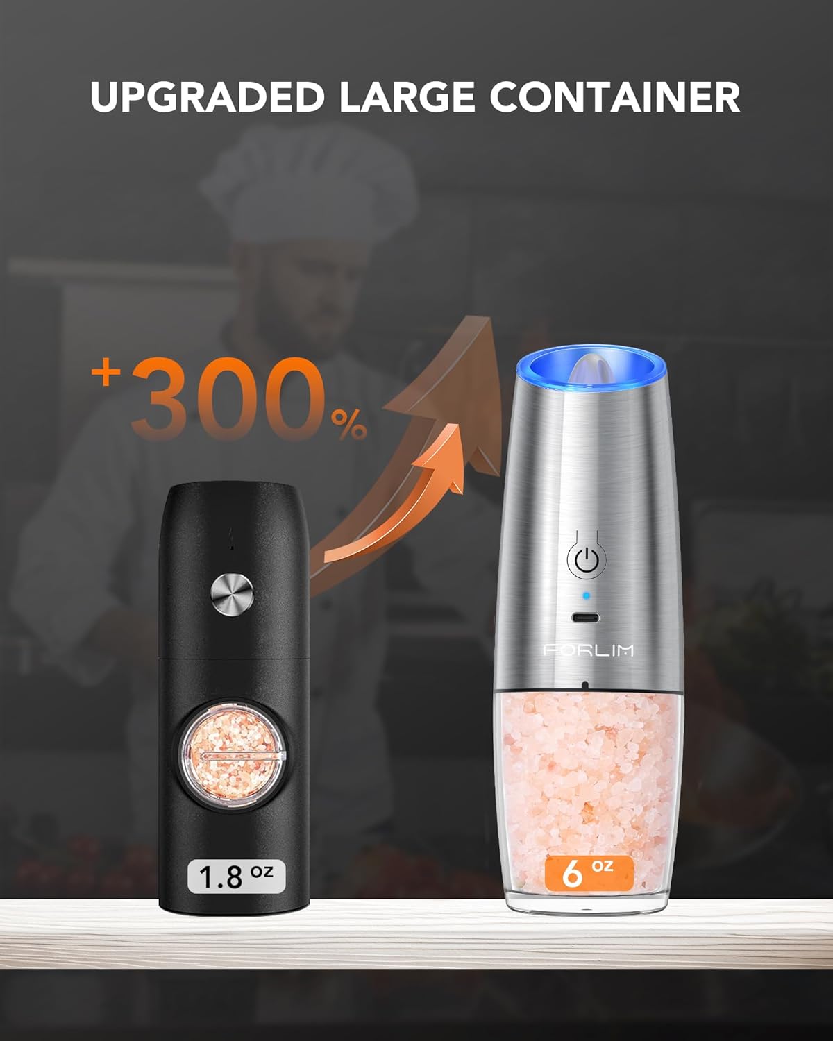 FORLIM Gravity Electric Salt and Pepper Grinder Set, USB Rechargeable 9oz Large Capacity Salt Grinder, Automatic One-Click Grinding One Hand Operated Adjustable Coarseness Pepper Mill(Silver) - Image 3