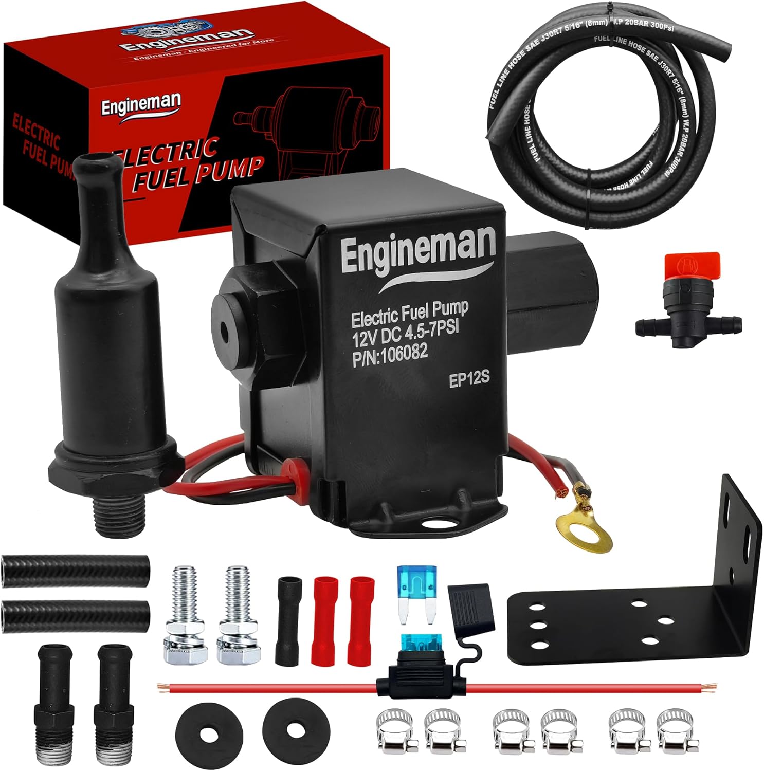Universal Electric Fuel Pump Kit 12V 4.5-7psi Electric Fuel Pump with Mounting Bracket, Fuel Filters, Hose Clamps, 6.56 FT 5/16" ID Fuel Line