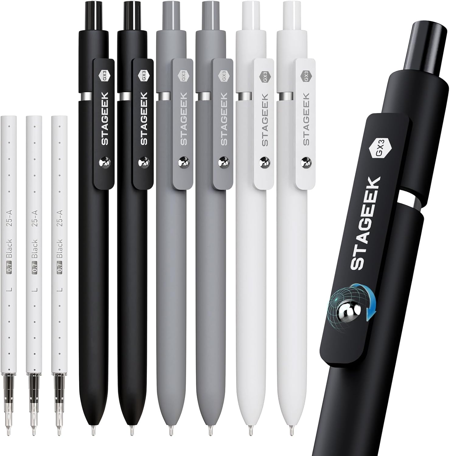 STAGEEK Black Gel Pens GX3, 6Pcs Fine Point Smooth Writing Pens with 3 Extra Refills, Black Ink Pens for Journaling, Office, Note Taking, School Supplies, Nurse Aesthetic(Black Gray White)