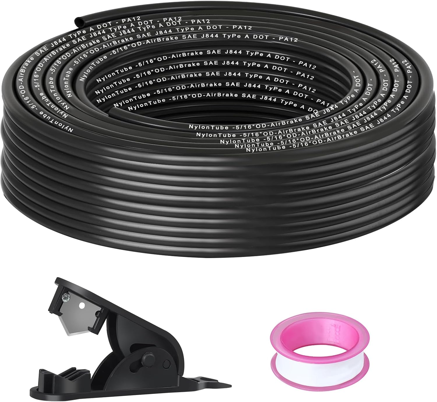 5/16" OD x 50FT DOT Air Line Black SAE J 844 PA12 Nylon Air Brake Tubing with Cutter and Teflon Tape, Pneumatic Nylon Air Line Hose for Semi Truck Trailer Air Brake System & Fluid Transfer