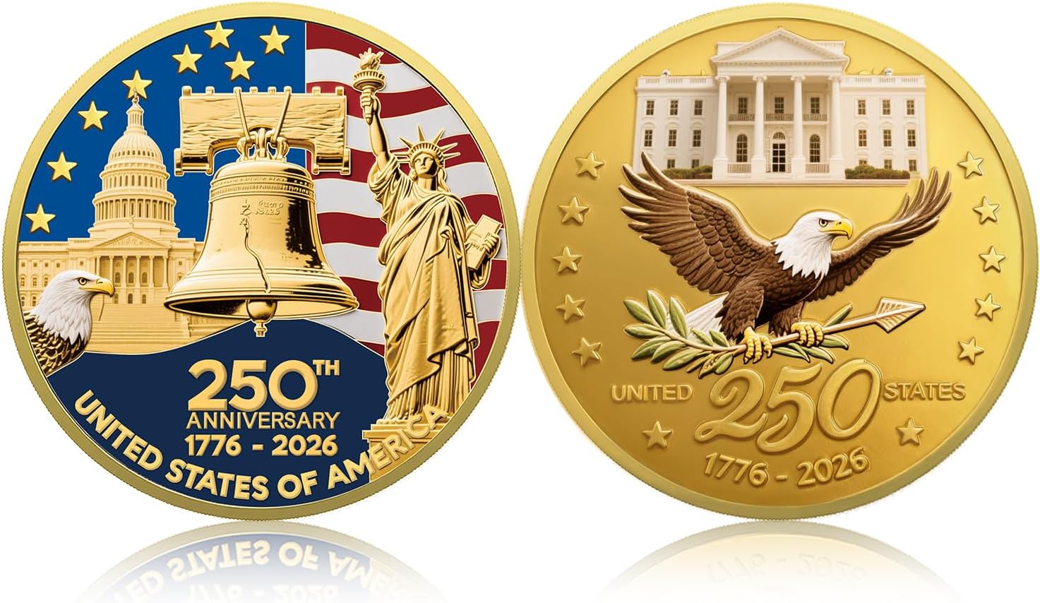 Upgrade 1.77-inch 250th Anniversary Commemorative Coins - Golden American Flag & Liberty Bell Design Collectible Coins, Durable Metal Anniversary Coins for Display, Collectors & Gift Idea (L-1PCS) - Image 8