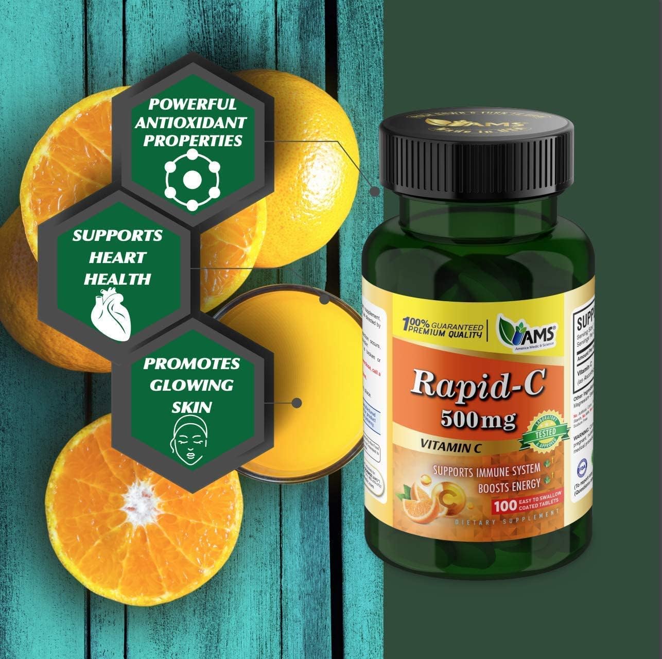 America Medic & Science Rapid-C 500mg Vitamin C Supplement 500 Tablets (5 Pack of 100 Tablets) Daily Immune System Support, Antioxidant | Vegan, Non-GMO Coated Ascorbic Acid for Adult Men & Women - Image 8
