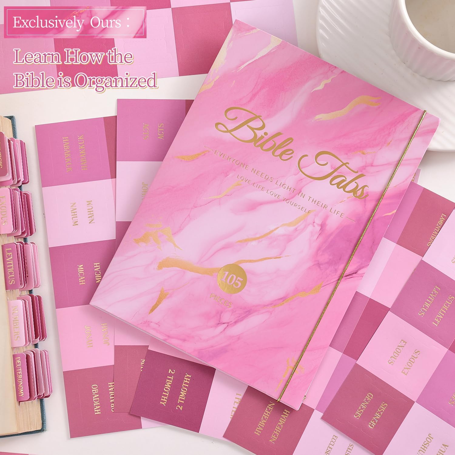 Laminated Bible Tabs, Gold Foil Embossed Lettering Bible Chapter Index Tabs for Women Men, Reposition Large Print Sticky Labels, Easy to Read and Apply, 105 Chapters Labels for Easy Navigation, Pink - Image 8