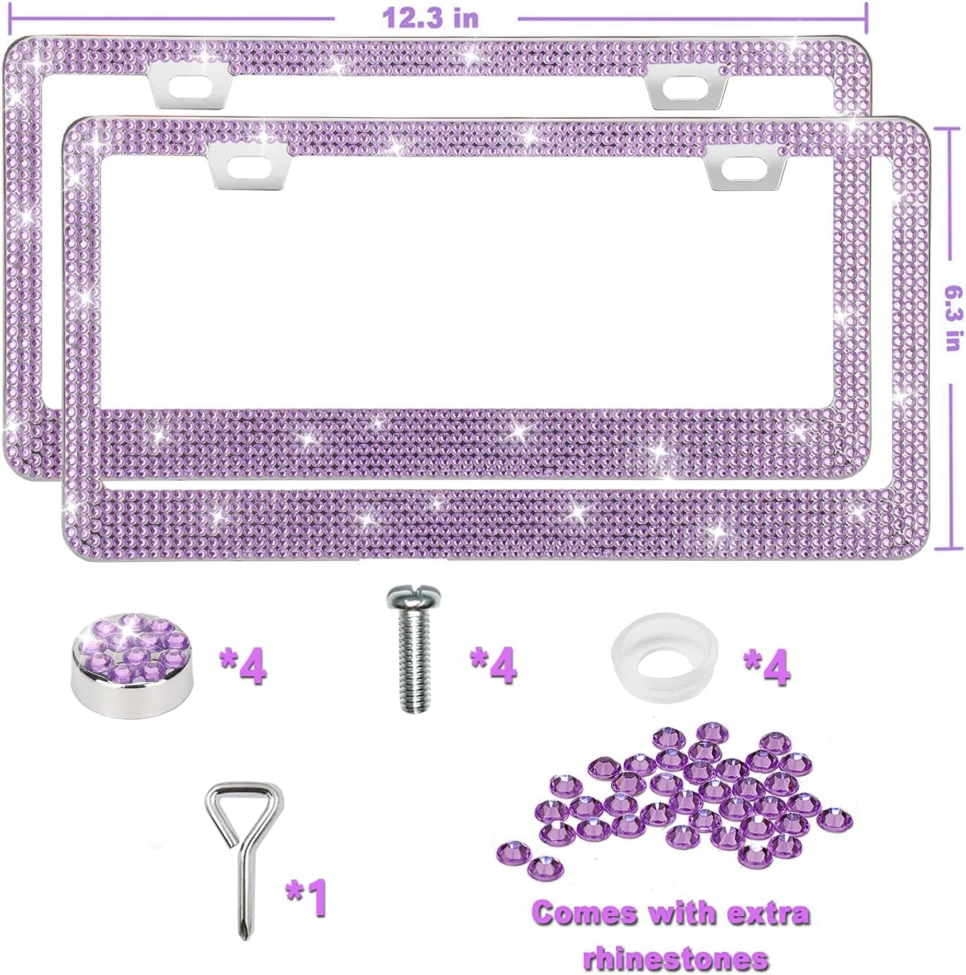 Bling License Plate Frames 2 Pack - Stainless Steel Rhinestones Car Accessories with 1200 Crystals, Universal Fit Decorative Diamond Plate Covers for Women Men All Cars -Purple - Image 5