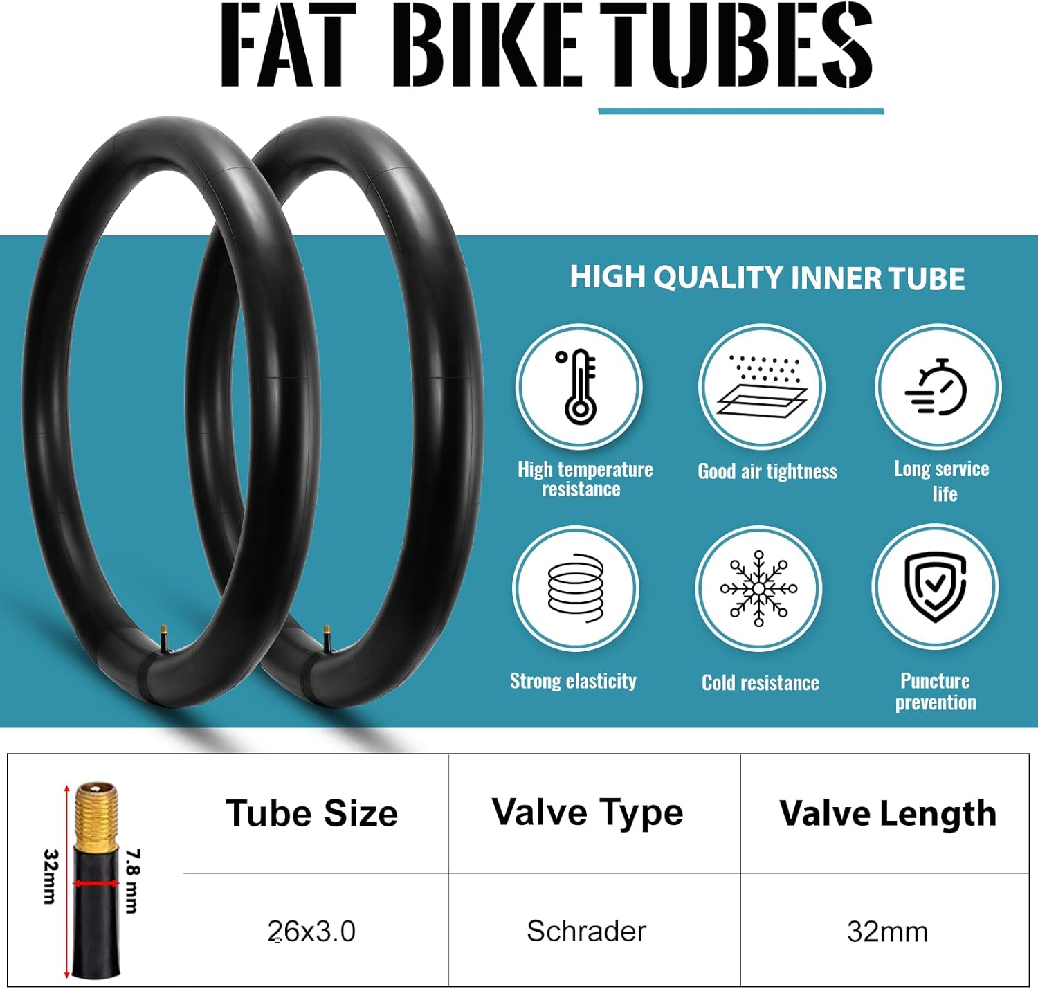 Hycline Fat Bike Inner Tube: 20/26x3.0-4.0 Inch 2-Pack Electric Fat Tire Tubes AV 32mm Schrader Valve, Premium Butyl Rubber Puncture Resistant Replacement Tubes with 2 Tire Levers - Image 3