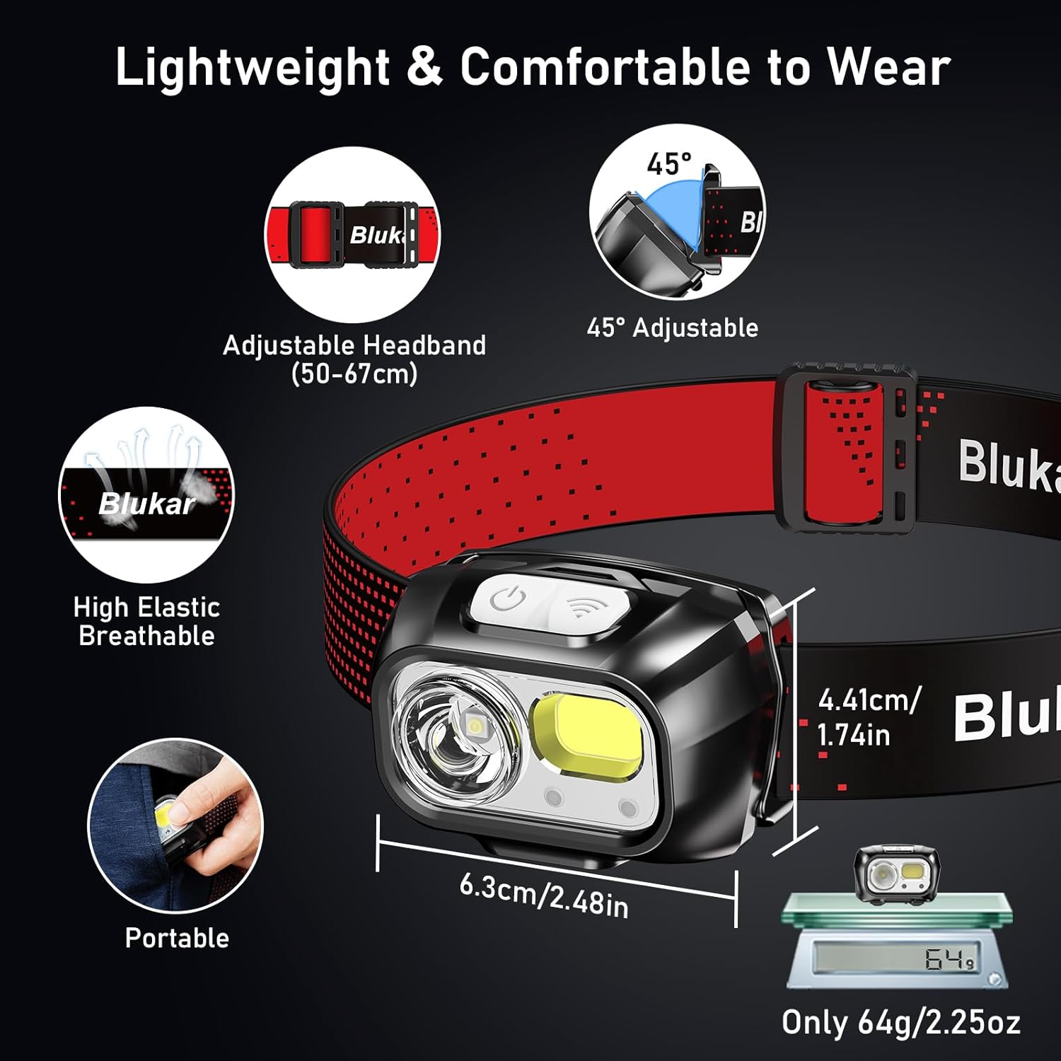 Blukar LED Headlamp Rechargeable,2000L Super Bright Headlight with Motion Sensor -Dimmable Brightness,8 Modes,Spotlight&Floodlight&Red Light Combination,IPX5 Waterproof for Hiking,Camping - 2 Pack - Image 8