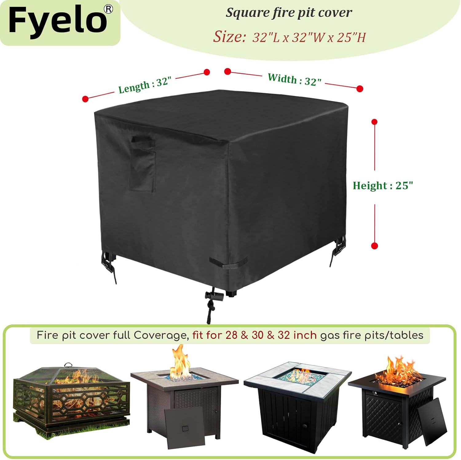 32 Inch Gas Fire Pit Cover for 28-32 Inch Square Fire Pit Tables, Heavy Duty 600D Waterproof & Windproof 32 x 32 x 24 Inches Patio Firepit Cover, Black - Image 2