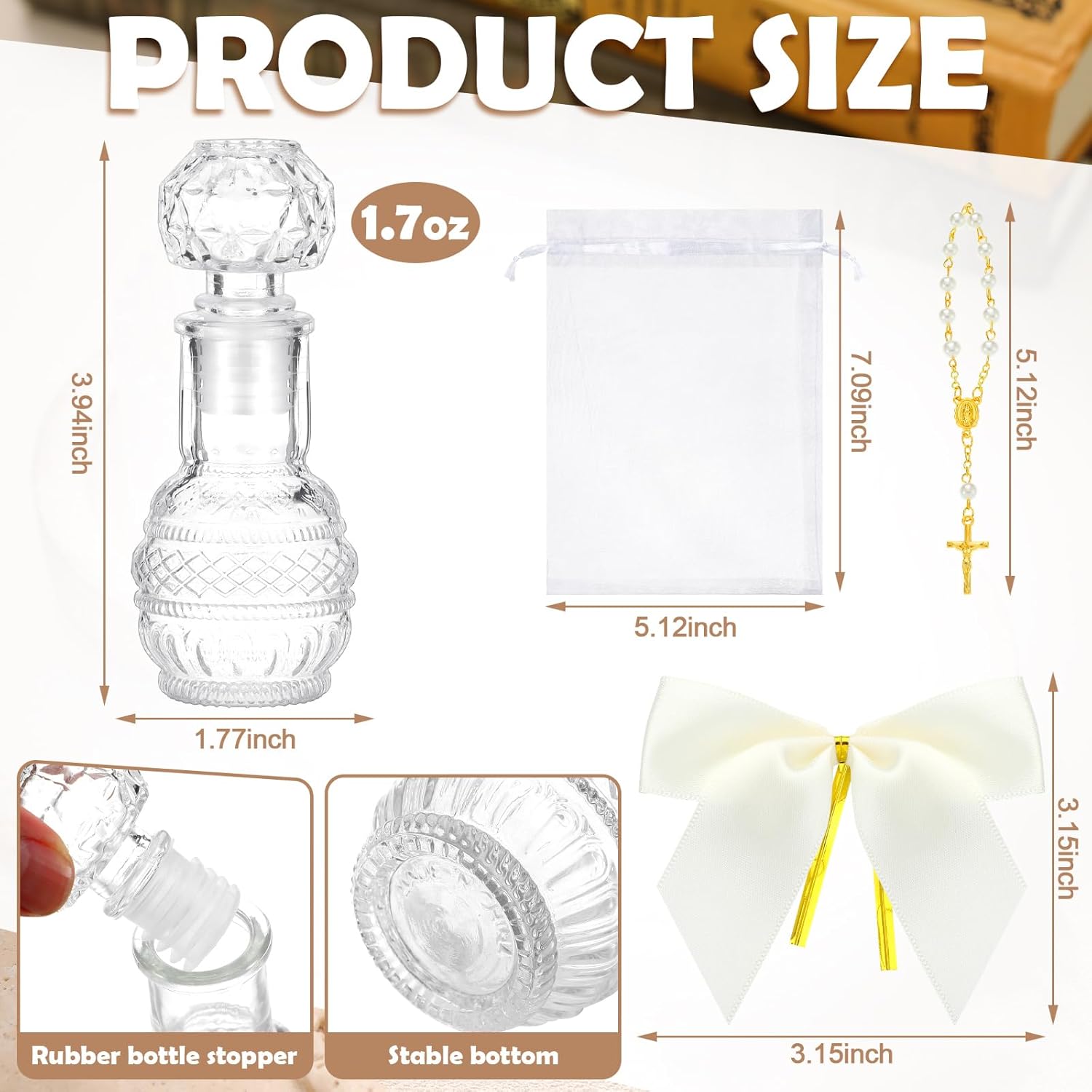 Chuangdi 12 Sets Holy Water Bottles Baptism Favors for Guest Holy Water Container with Cross Rosary Organza Bag Bow 50ml Glass Empty Container for Communion Christian Wedding (Dreamy,White) - Image 2