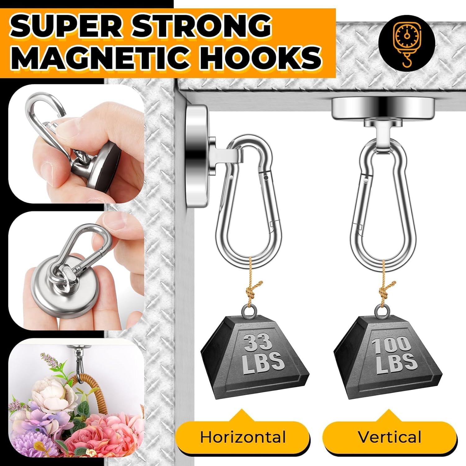 VNDUEEY 100Lbs Strong Magnetic Hooks, 4 Pack Neodymium Grade-52 Magnet Hooks Heavy Duty with Swivel Carabiner Hook for Hanging, Cruise, Garage, Refrigerator, Kitchen, Office, Home - Image 4