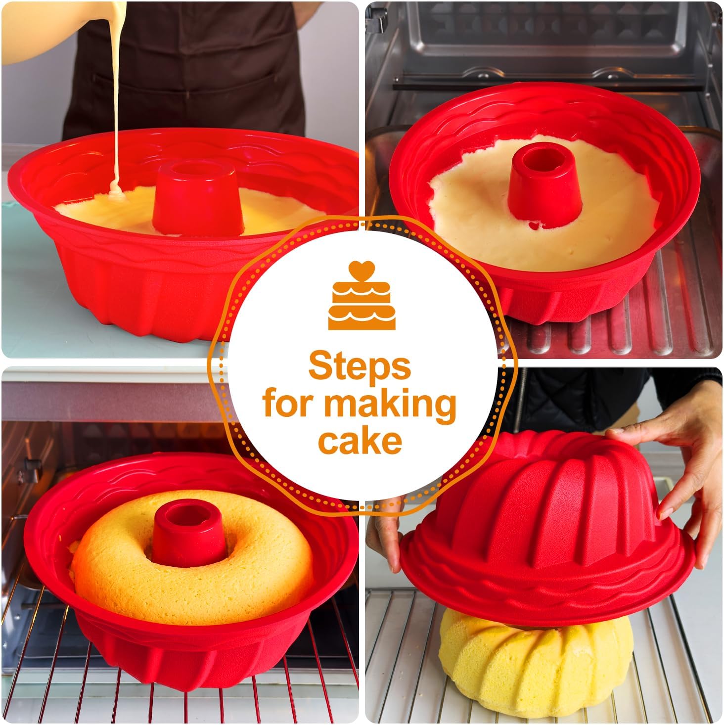 SOV 9.5 inch Silicone cake Pans, Non-stick bundt cake molds, Silicone Bakeware Baking Molds, Perfect for making Cake, Bread, Jello, Gelatin (1, Red) - Image 3