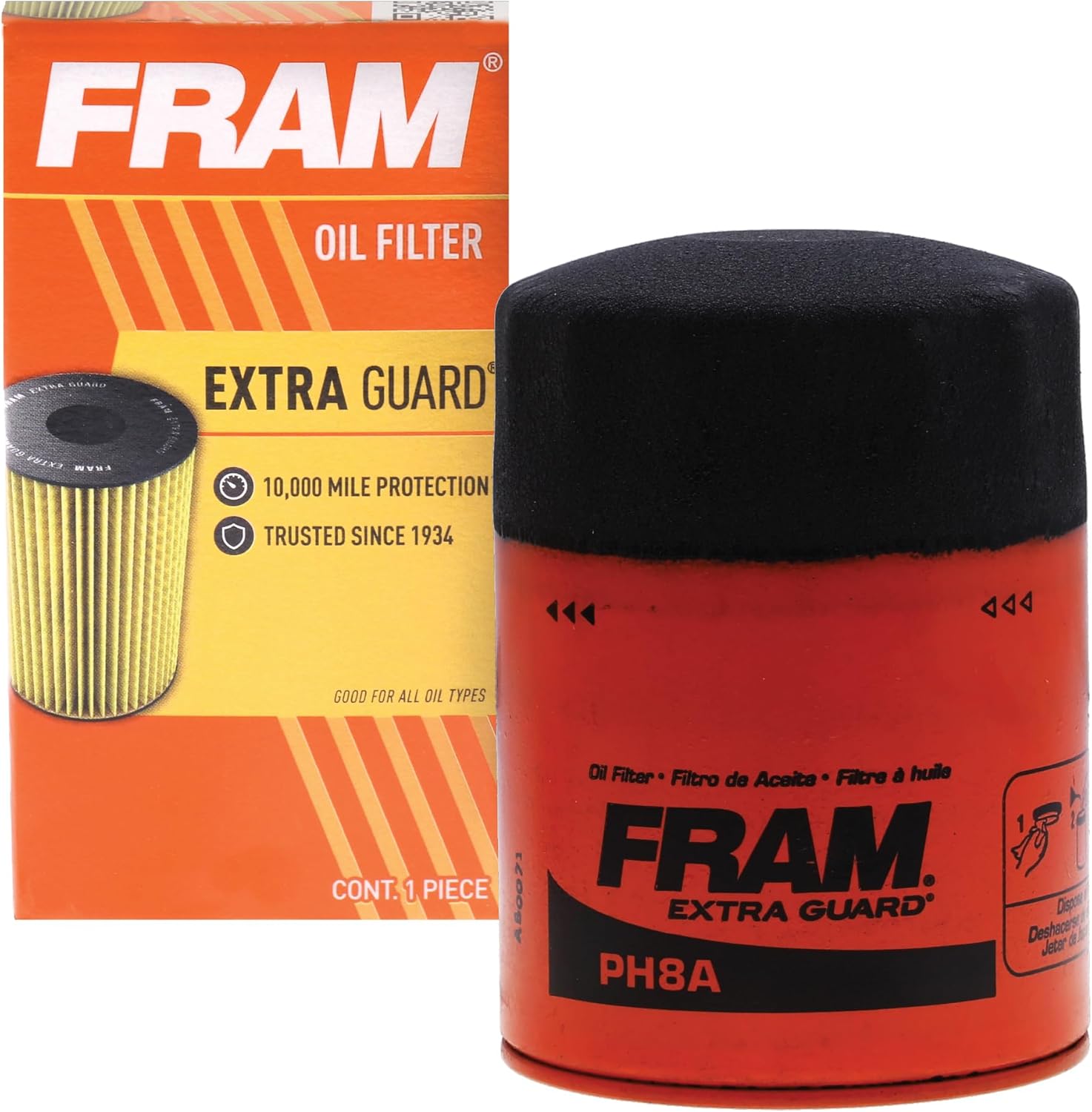 FRAM Extra Guard PH8A 10K Mile Change Automotive Replacement Interval Spin-On Engine Oil Filter for Select Vehicle Model Years, Vehicle Engine Protection Oil Filter for Everyday Drivers