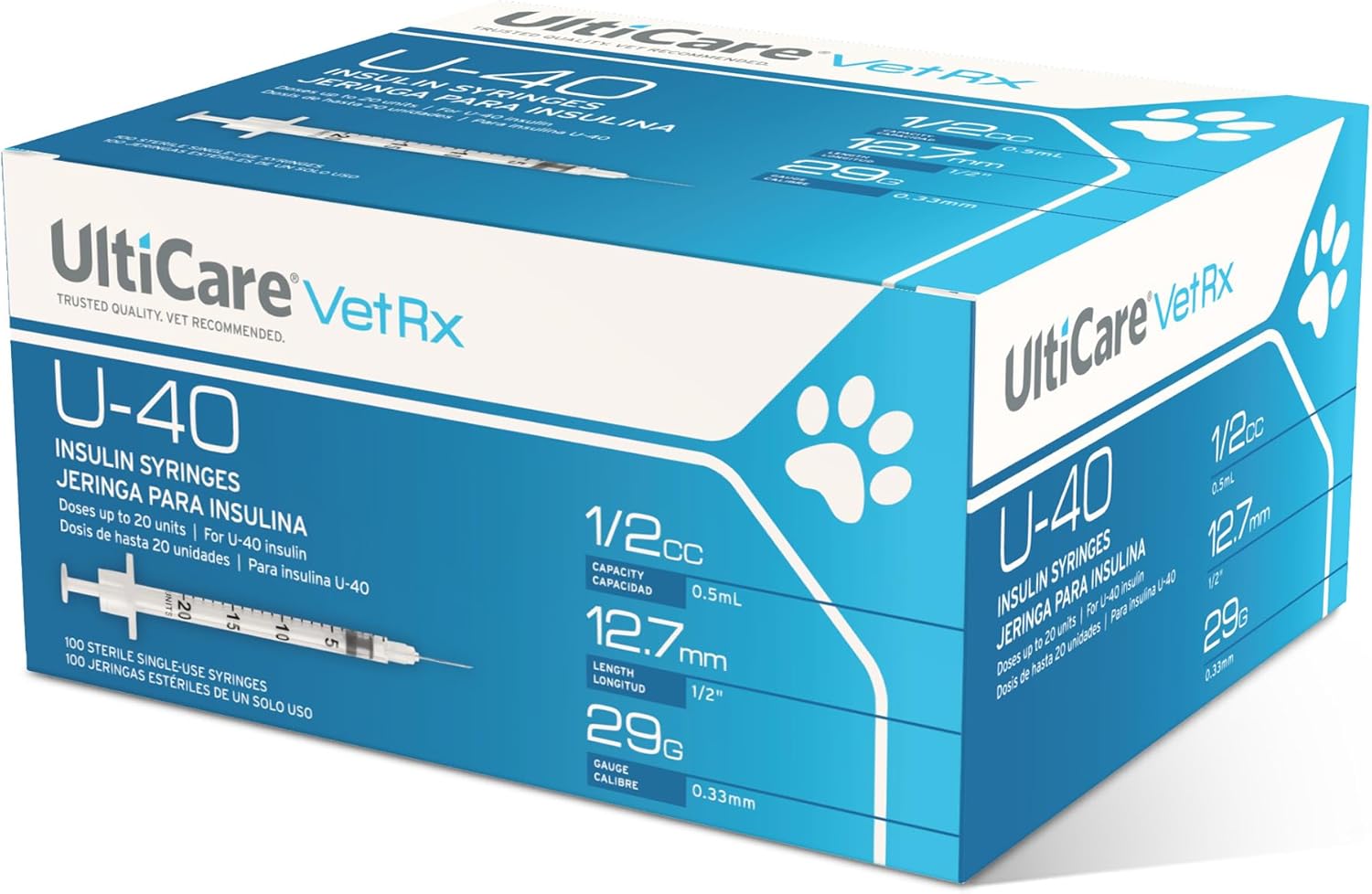 UltiCare VetRx U-40 1/2cc Pet Insulin Syringes - 1/2cc, 29G x 1/2’’, 100 ct, Comfortable & Accurate Dosing, Compatible with Any U-40 Strength Insulin