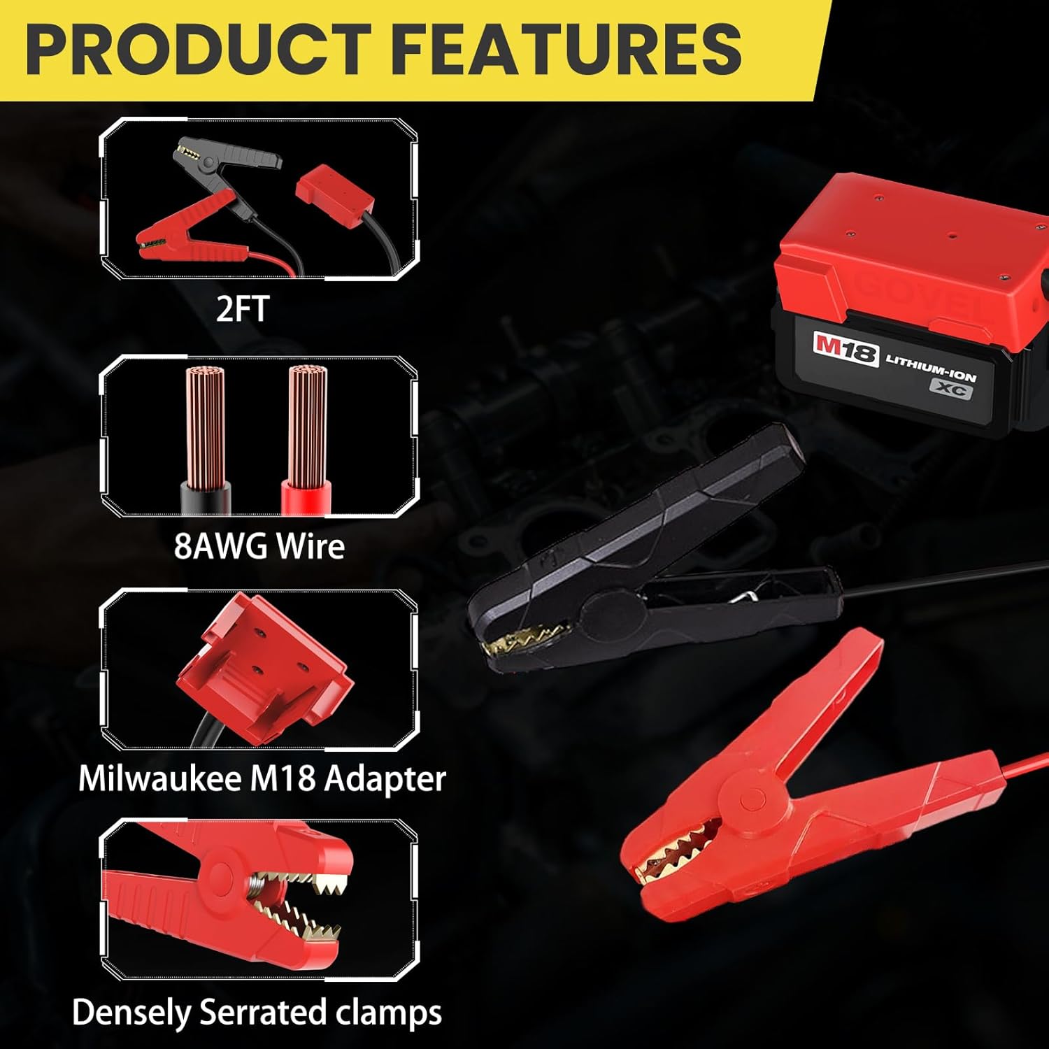 M18 Jumper Cables for Milwaukee 18V Batteries | 2FT 8AWG Booster Cable with Alligator Clips | Jump Start Cars/RVs& Charge Tools | 392°F/200°C Silicone Wire Heat Resistant (Battery Not Included) - Image 3