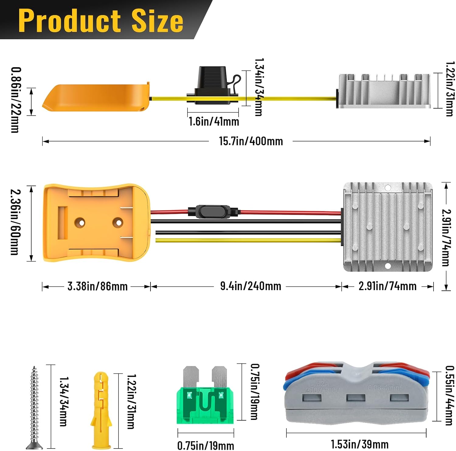 Azocek 20V to 12V Step Down Converter Compatible with DeWalt 20V Battery, 20A 240W DC 12V Buck Converter Adapter for Power Wheel, with 30A Fuse & Wiring Terminal - Image 5