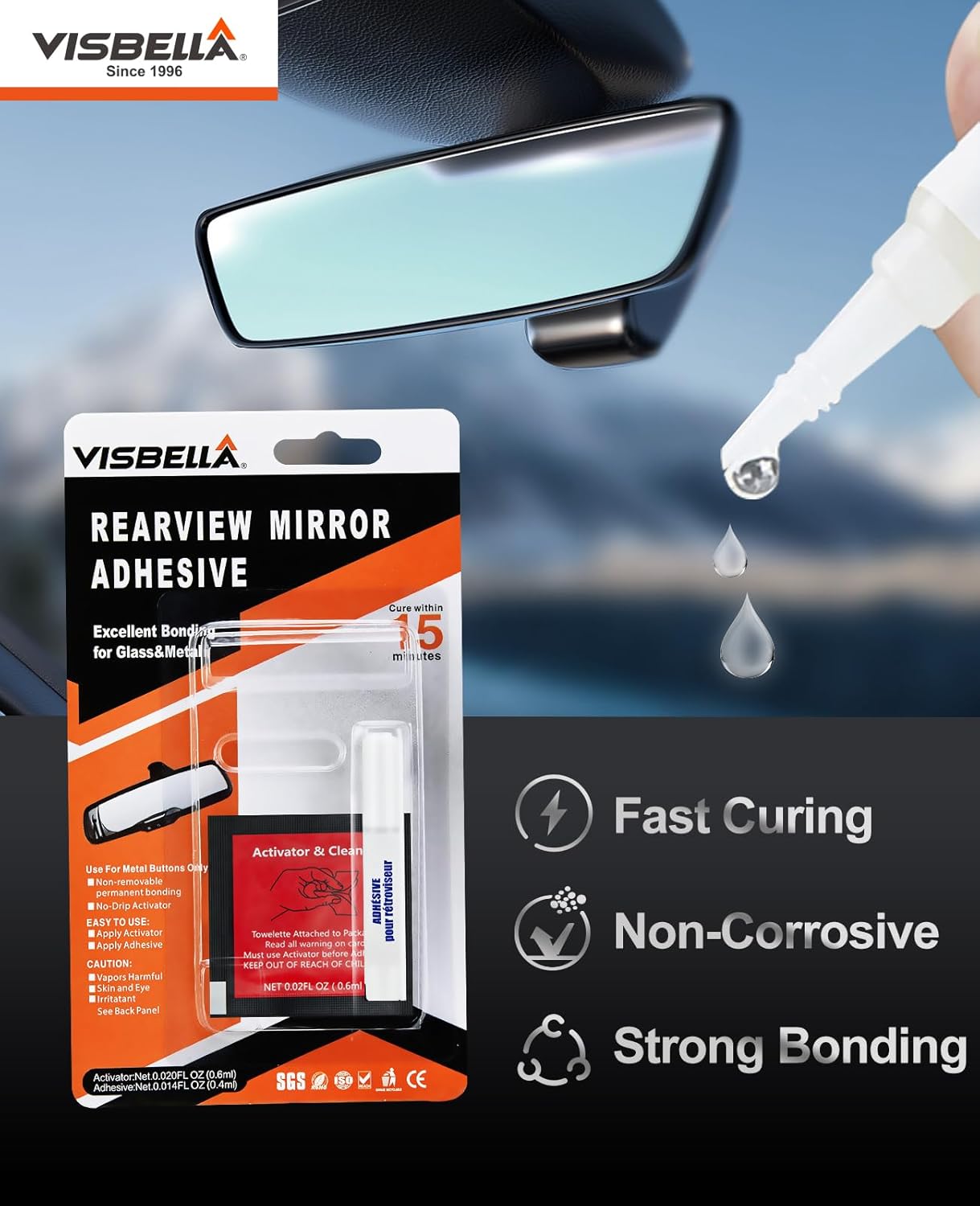 Visbella Rearview Mirror Adhesive Repair Kit Rear View Mirror Glue for Windshield Excellent Bonding for Glass & Metal - Image 2
