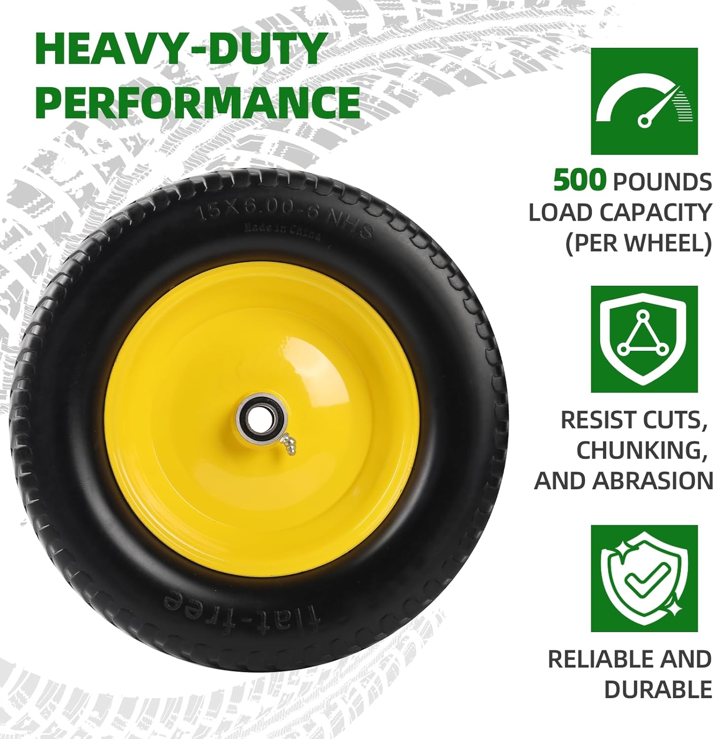 AR-PRO (2 Pack) 15x6.00-6 Flat Free Tire and Wheel, Solid Lawn Mower Front Tires with 3" Centered Hub, 3/4" & 5/8" Bearings & 1" Bushings, Compatible with John Deere Riding Mower Lawn Tractor - Image 4