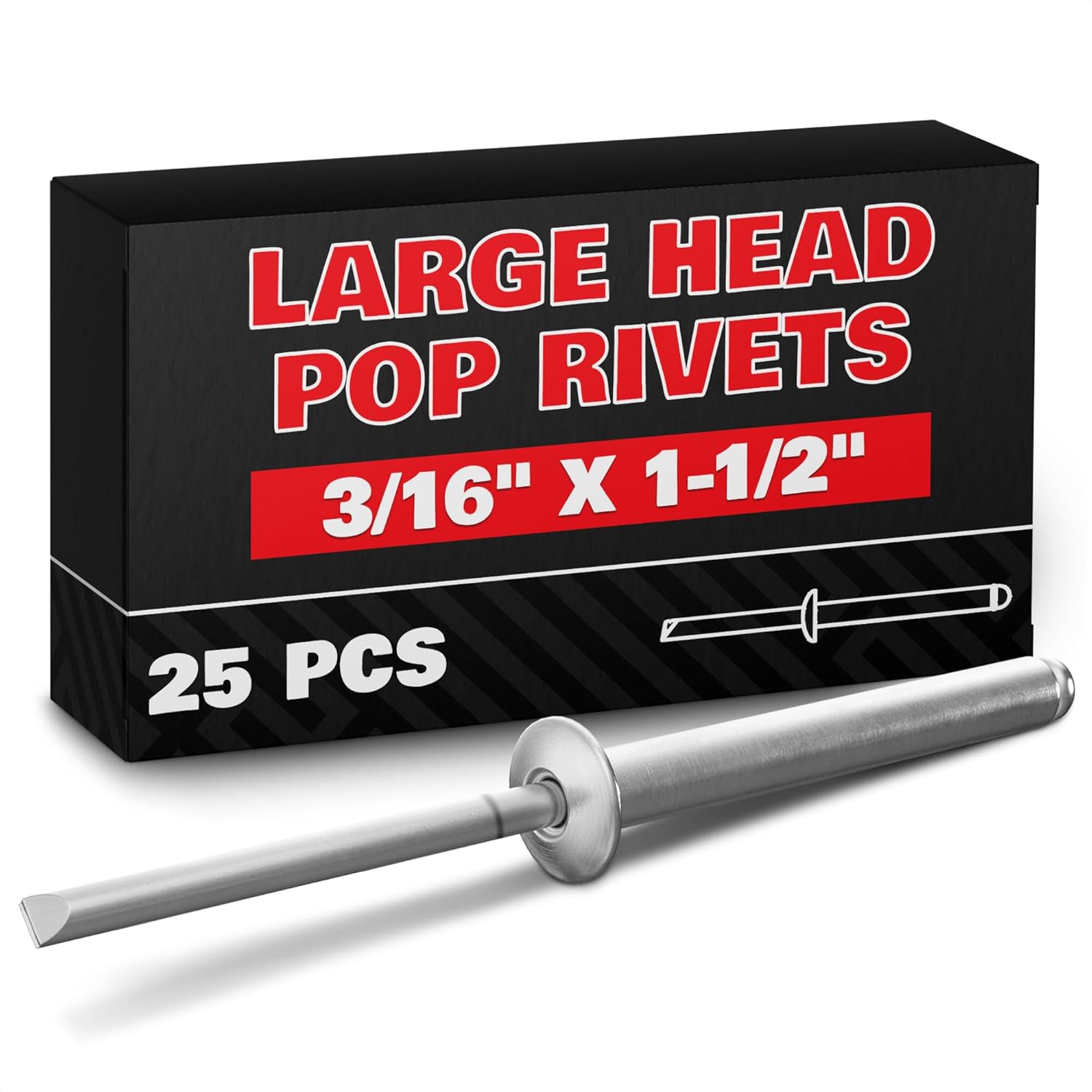 25 Pcs Aluminum Long Rivets 3/16 x 1-1/2 Large Dome Head Long Grip Blind Rivets Grip Range 24–30 mm (0.94–1.18") Heavy Duty for Windows Doors Metal Auto Body Corrosion-Resistant Indoor & Outdoor Use