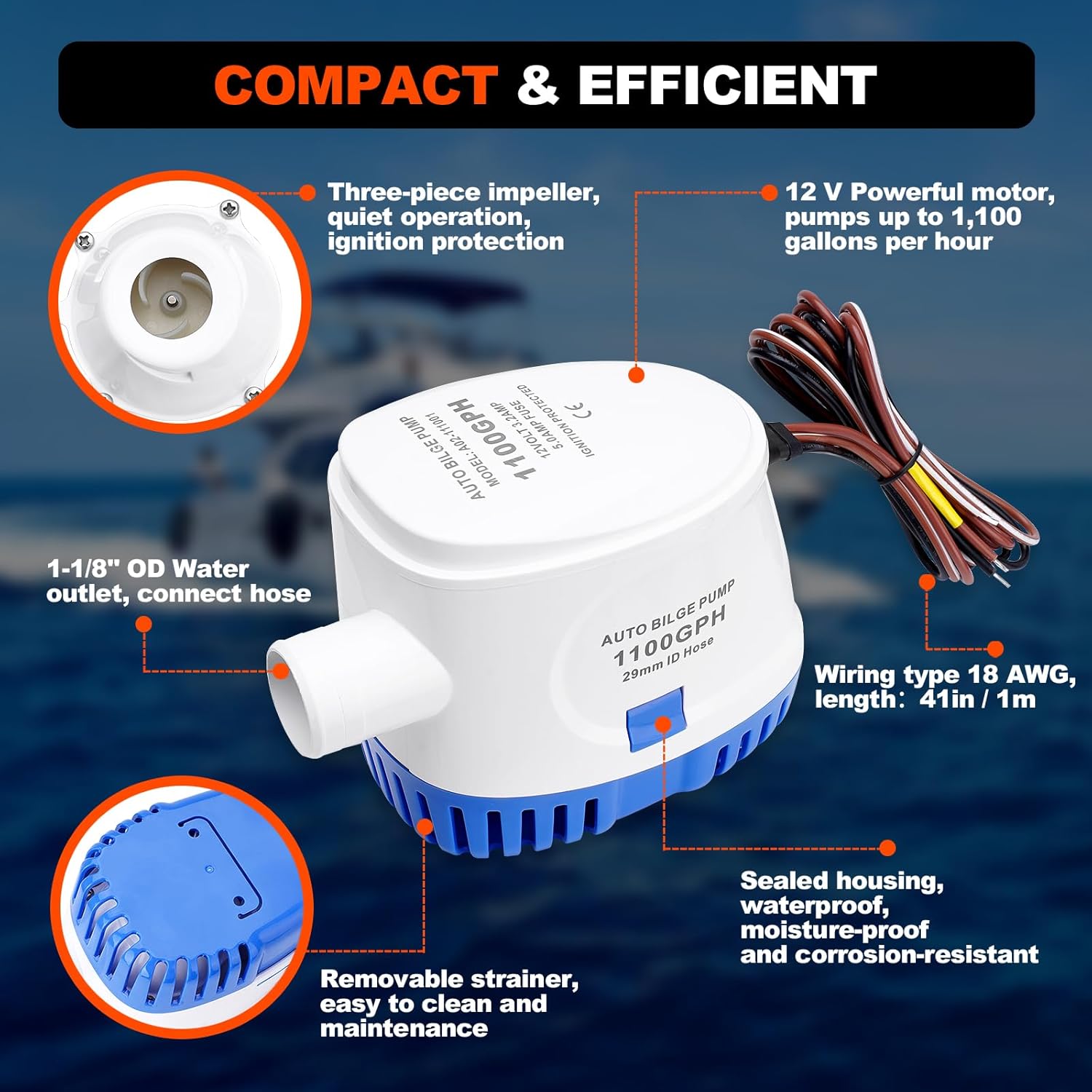 1100 GPH Automatic Boat Bilge Water Pump 12V, 1-1/8 Inch Dia Bilge Pump Plumbing Kit with 6FT Hose, 2 Clamps, Thru-Hull Fitting, Ideal for Fishing Boats, Cruisers, Runabouts, Yachts - Image 4