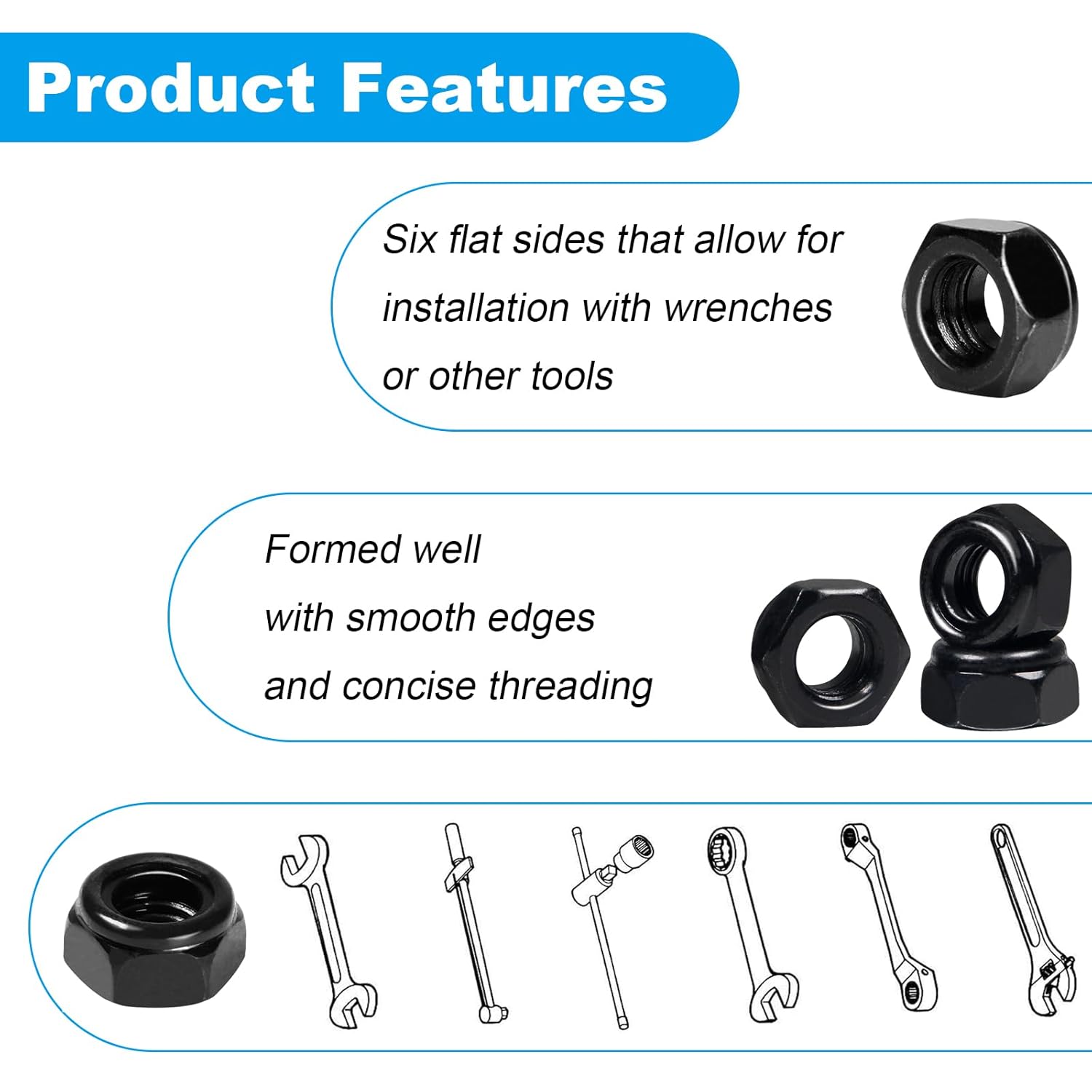 50Pcs 1/4"-20 Nylon Insert Hex Lock Nuts 304 Stainless Steel Locknuts Self-Locking Nut, Standard Inch Threaded Nylock Nuts, Hex Drive, Zinc Plated Black - Image 6