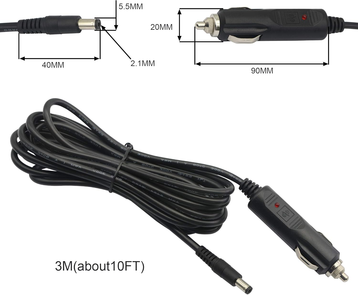 12V 24V DC 5.5mm x 2.1mm Car Cigarette Lighter Extension Power Supply Adapter Cable with LED for Car Truck Bus Van (10FT) - Image 5