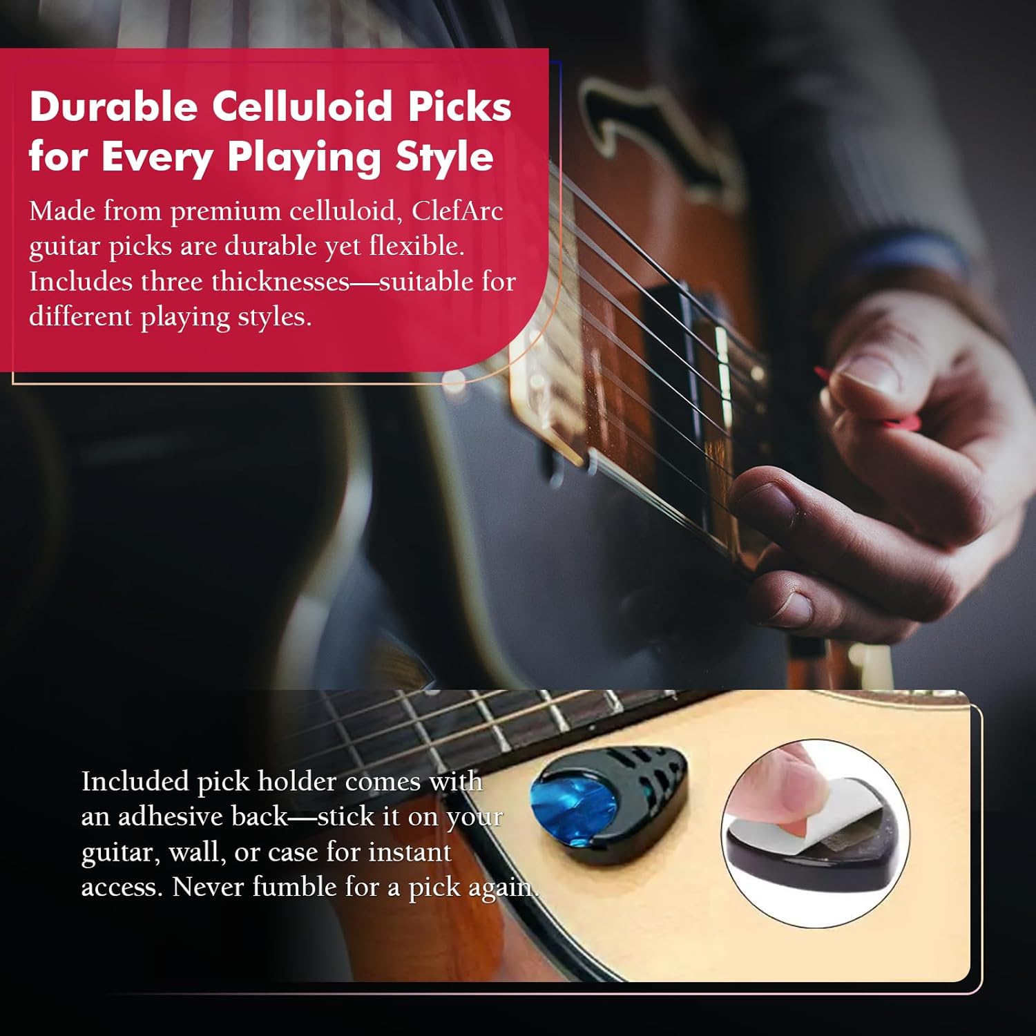 Guitar Wall Mount Cherry - 2 Pack U-Shape Guitar Wall Hangers, Guitar Picks, Pick Holder, Guitar Stand Wall, Wood Guitar Hanger, Gifts for Guitarists, with 6 Assorted Guitar Picks - Image 5