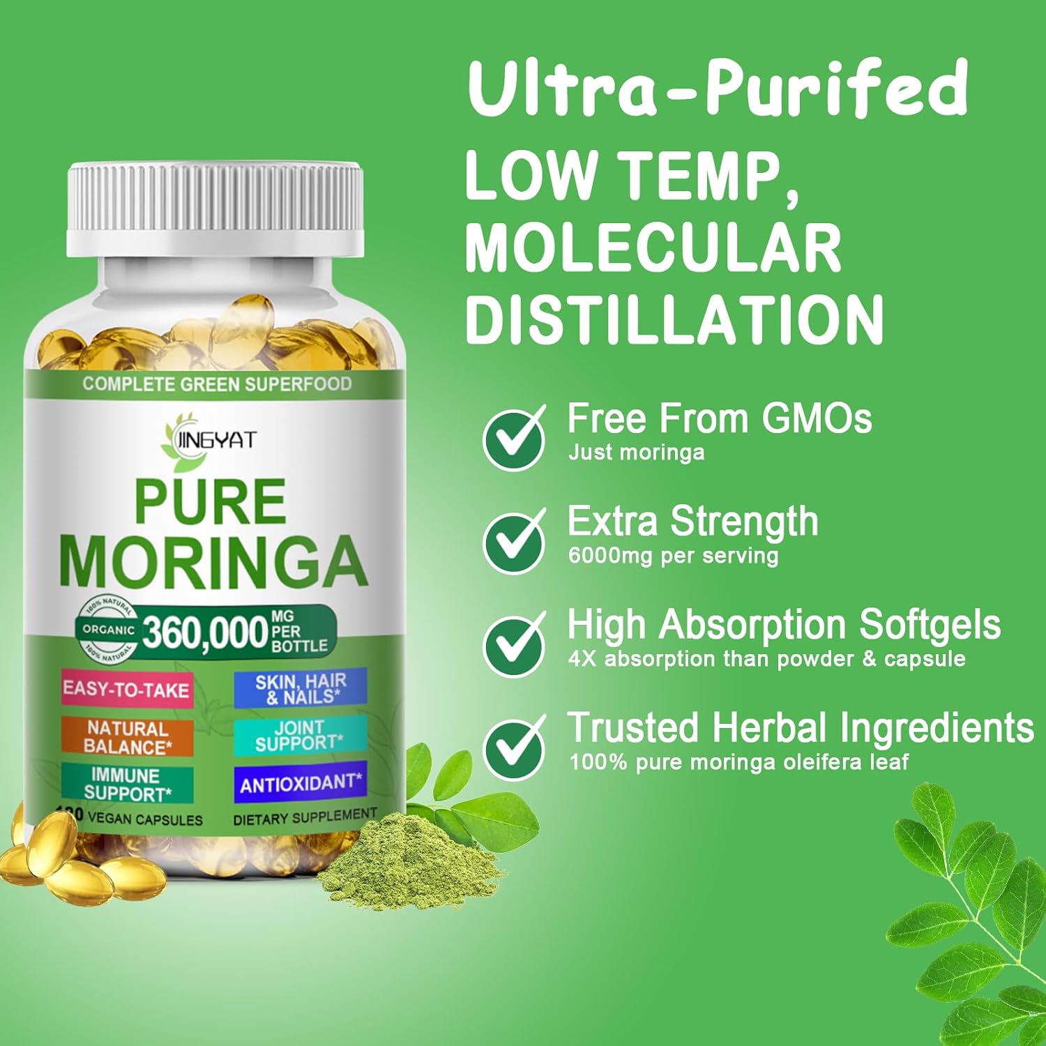 Moringa Softgels, Organic Pure Moringa Oleifera Leaves Extract for Energy, Skin, Gut Health, Immune, Natural Antioxidant, High Potency Moringa Oil Than Moringa Powder, Non-GMO, 60 Serving - Image 3