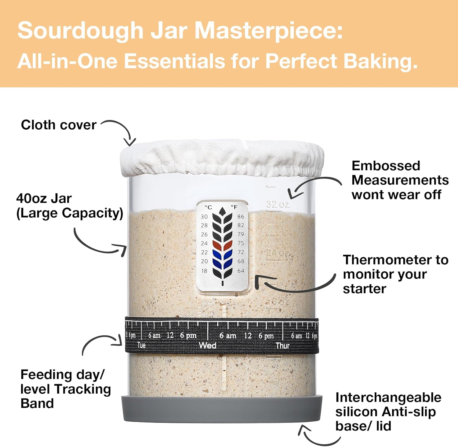 Premium Pro Sourdough Starter Jar Kit - 40oz Large Wide Mouth Sourdough Bread Jar with Marked Feeding Band, Thermometer, Scraper, Cloth Cover and Silicone Lid/Base, Glass Container, Baking Supplies - Image 3