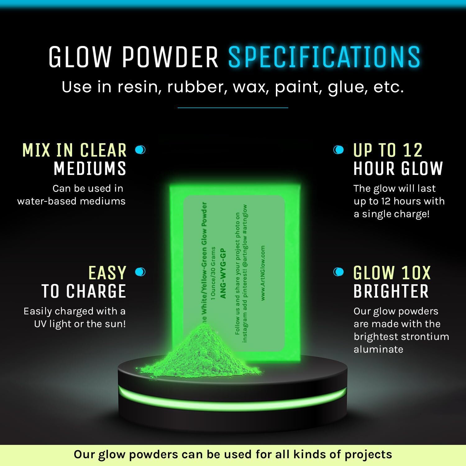 Glow in The Dark Pigment Powder - Neutral and Fluorescent Color for Art Painting, Fine Art, Nail Art Paint, and DIY Crafts - Long Lasting, 10+ Color Options - Neutral Sky Blue - (60 Grams/ 2.12 oz) - Image 2