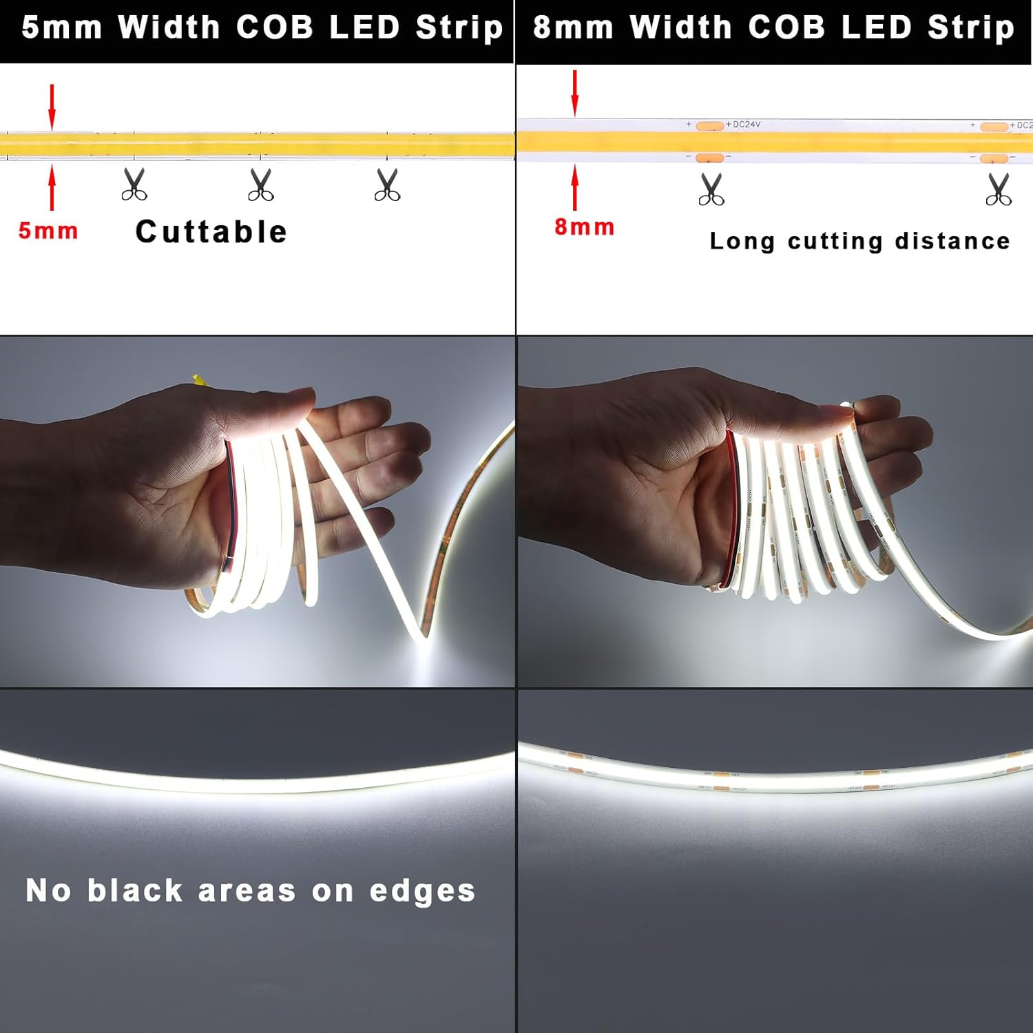 TOPAI 12V Thin 5mm COB LED Strip Waterproof 6000K Cool White 16.4ft Bright 4000Lm CRI>90 Uniform Dotless 400LEDs/M Self Adhesive Flexible Cuttable for DIY, Bedroom, Under Cabinet Lighting - Image 3