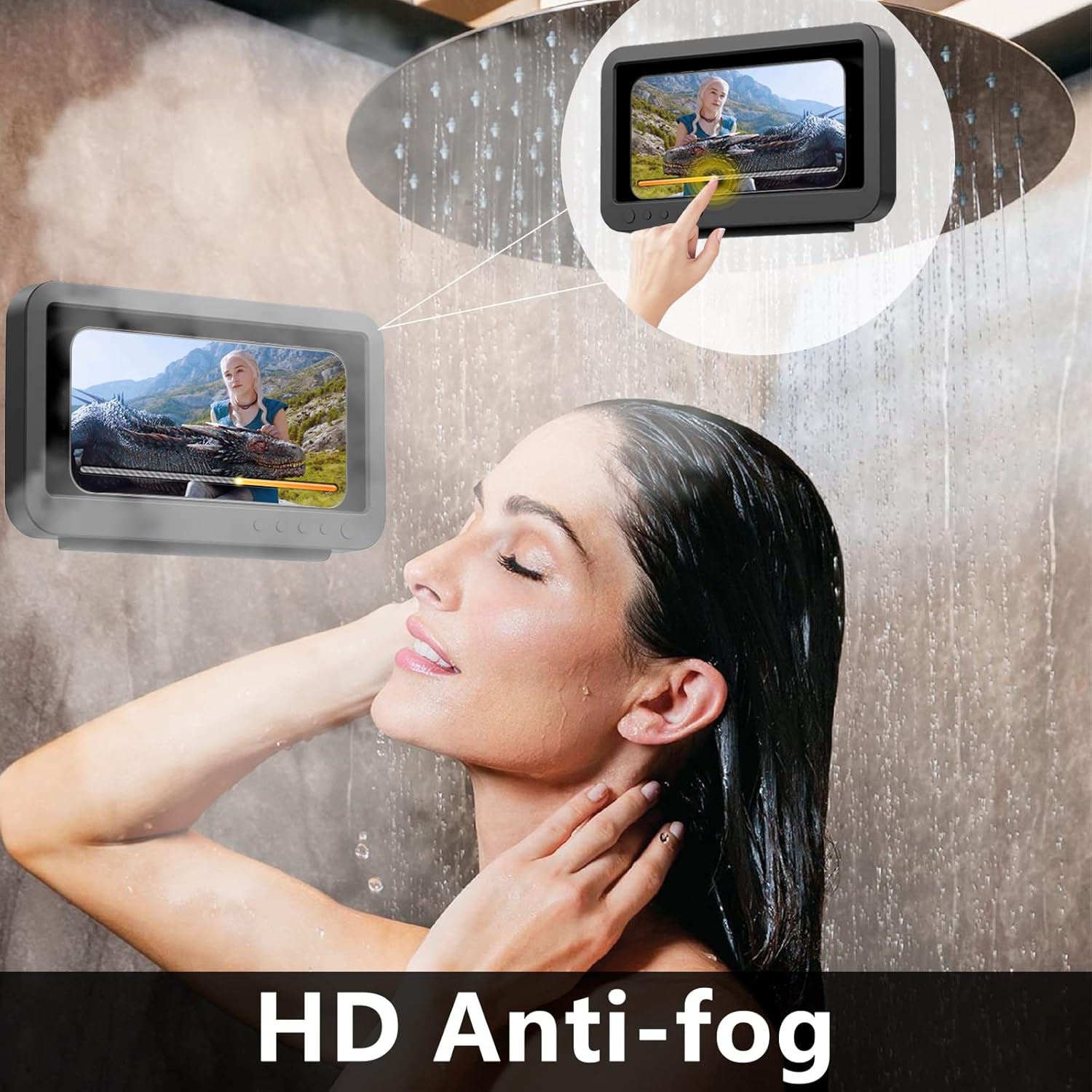 Shower Phone Holder Waterproof - Anti Fog High Sensitivity Touch Screen, 360°Rotation Wall Mount Shower Case for Phone for Bathroom Wall Mirror Bathtub Kitchen, Compatible with Under 7 Inch(Black) - Image 3