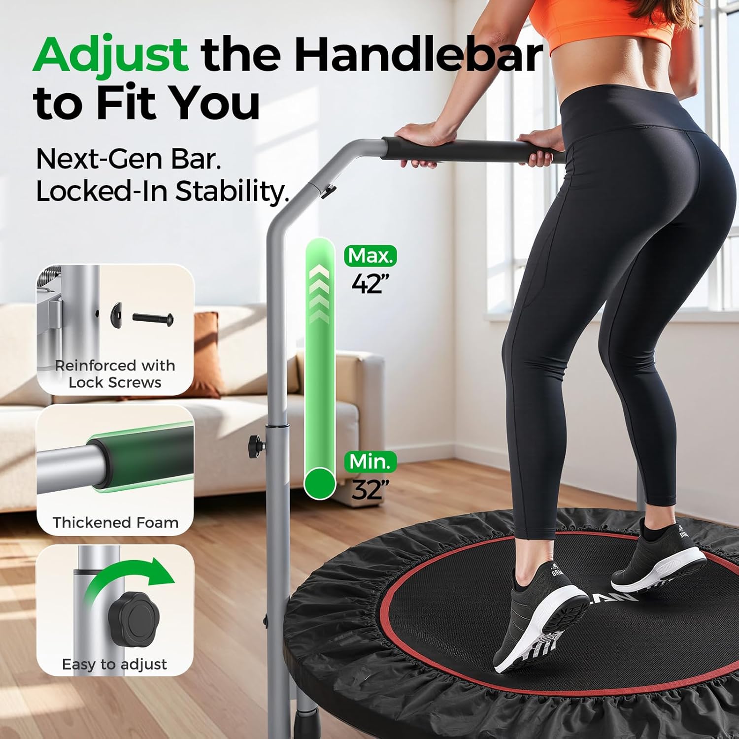 BCAN SP2 40/48" Foldable Mini Trampoline Max Load 330lbs/440lbs, Fitness Rebounder with Adjustable Foam Handle, Exercise Trampoline for Adults Indoor/Garden Workout | FED Fitness - Image 2
