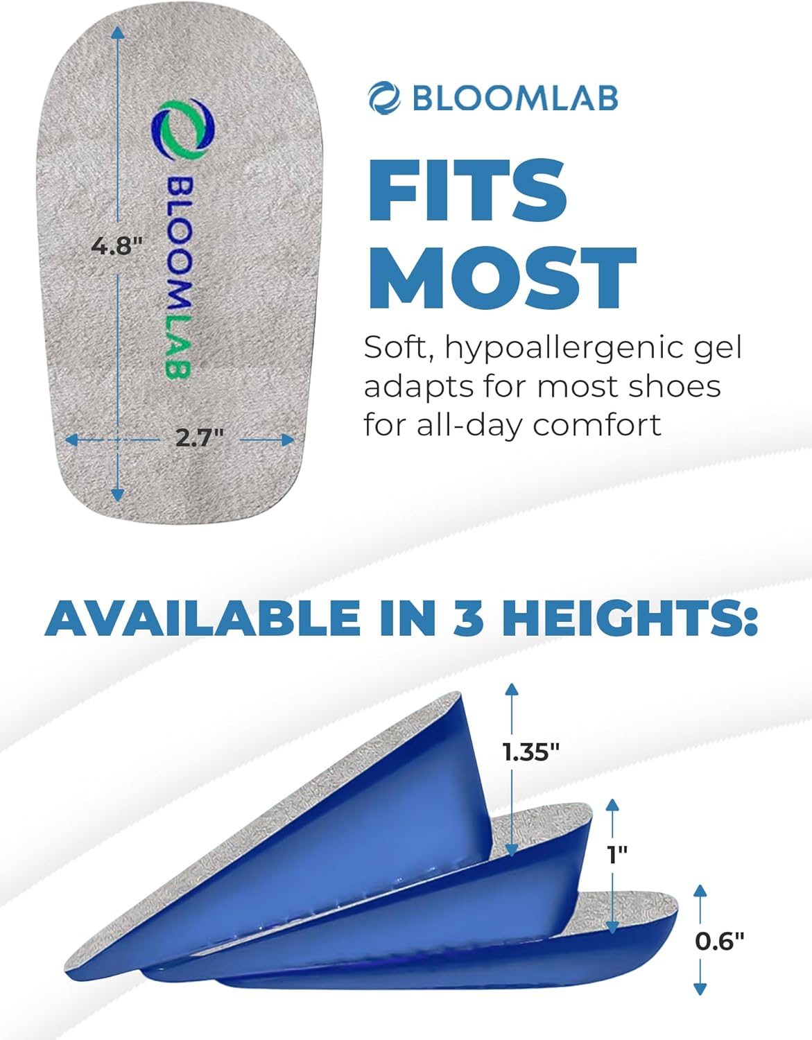 Orthopedic Heel Lift Inserts for Heel Pain & Leg Length Discrepancy – Soft Gel Cushioned Heel Cups, 3 Height Options (0.6”, 1”, 1.35”), Standard Width, Men & Women, 1 Pair - Image 2