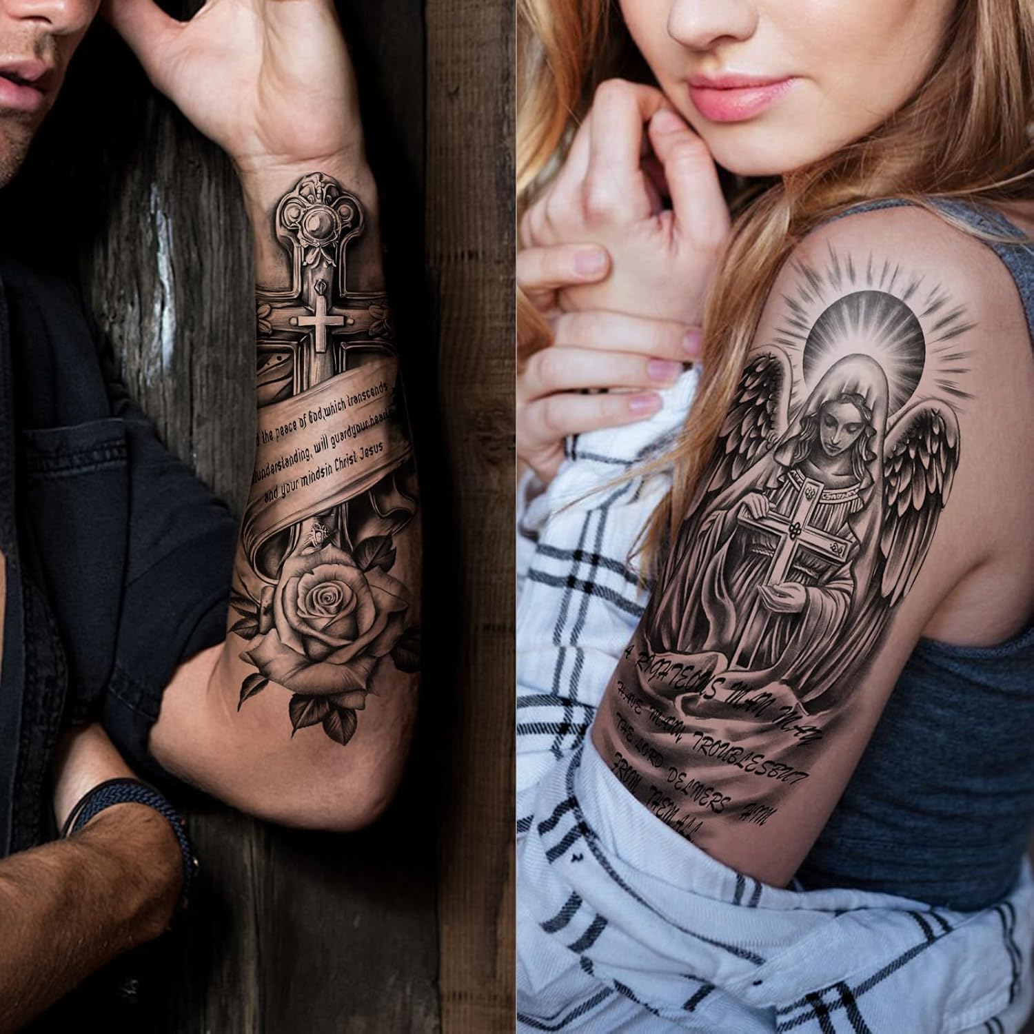 77 Sheets Christian Cross Temporary Tattoo for Women Men, 17 Sheets Half Arm Large Religious Jesus God Fake Tattoos, 60 Angels Black Christ Tiny for Adult Kids Body Tattoos Stickers Realistic - Image 5