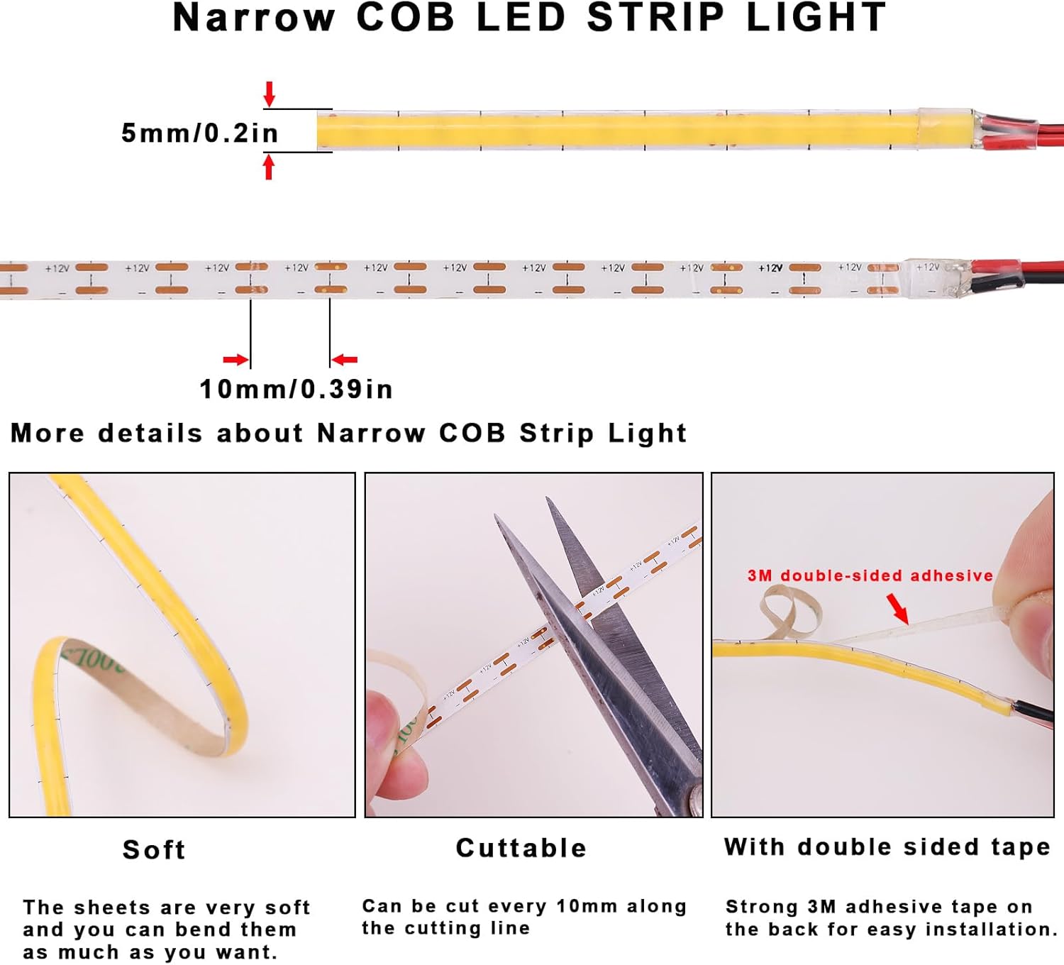 TOPAI 12V Thin 5mm COB LED Strip Waterproof 6000K Cool White 16.4ft Bright 4000Lm CRI>90 Uniform Dotless 400LEDs/M Self Adhesive Flexible Cuttable for DIY, Bedroom, Under Cabinet Lighting - Image 4